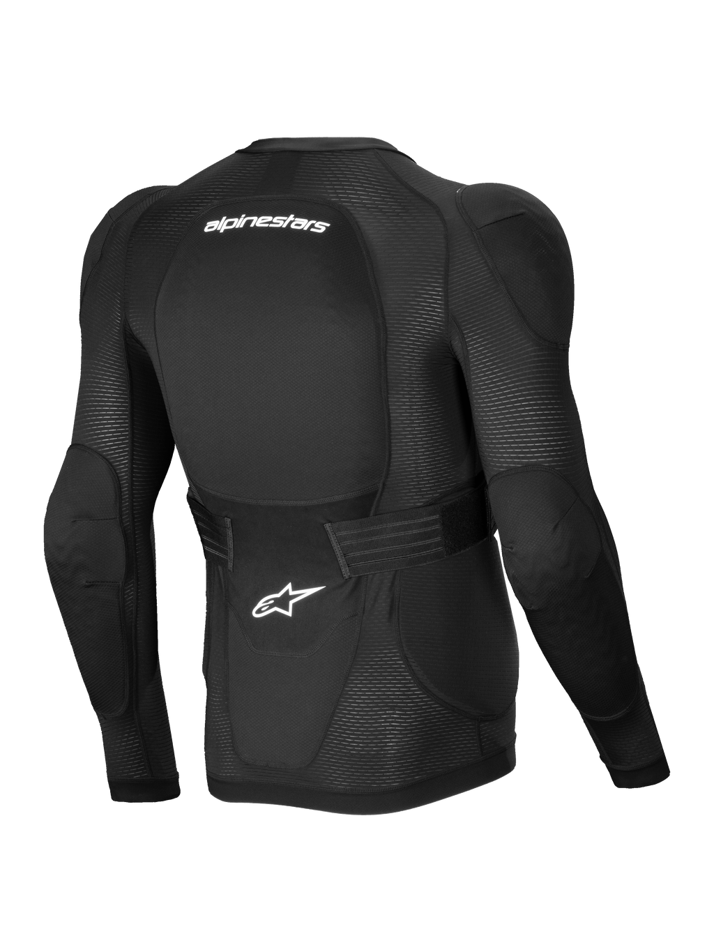 Alpinestars Veste De Protection A-Impact Plasma, veste de protection VTT manches longues pour homme, noire, protection dorsale et d'épaules Nucleon Plasma certifiée CE de niveau 2, vue de dos montrant le tissu en maille extensible respirante et la ceinture lombaire réglable