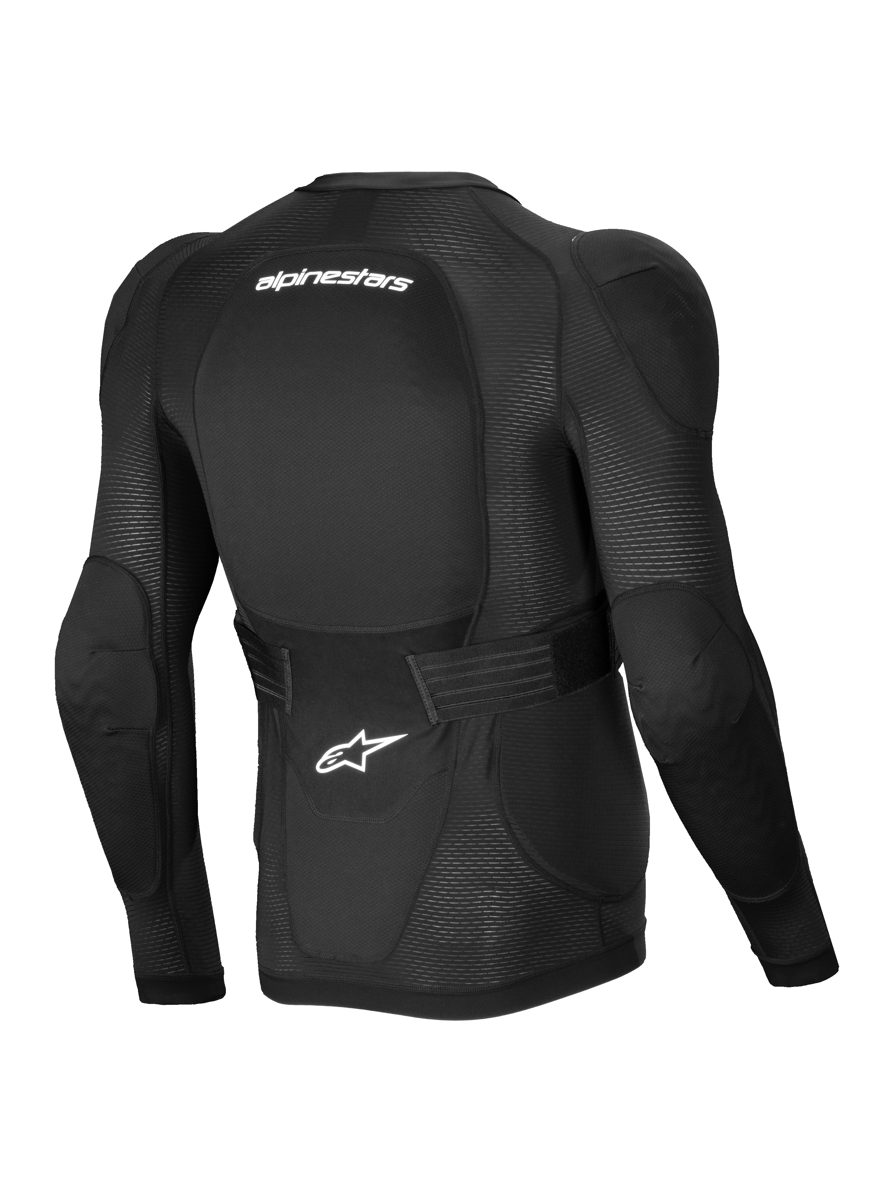 Alpinestars Veste De Protection A-Impact Plasma, veste de protection VTT manches longues pour homme, noire, protection dorsale et d'épaules Nucleon Plasma certifiée CE de niveau 2, vue de dos montrant le tissu en maille extensible respirante et la ceinture lombaire réglable