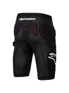 Alpinestars A-Impact Plasma Protection Shorts, Mountain Bike Protection Shorts, Black and White, rear view showing integrated protective padding on the hips and lower spine, breathable mesh fabric with white Alpinestars branding, designed for enduro and gravity cycling.