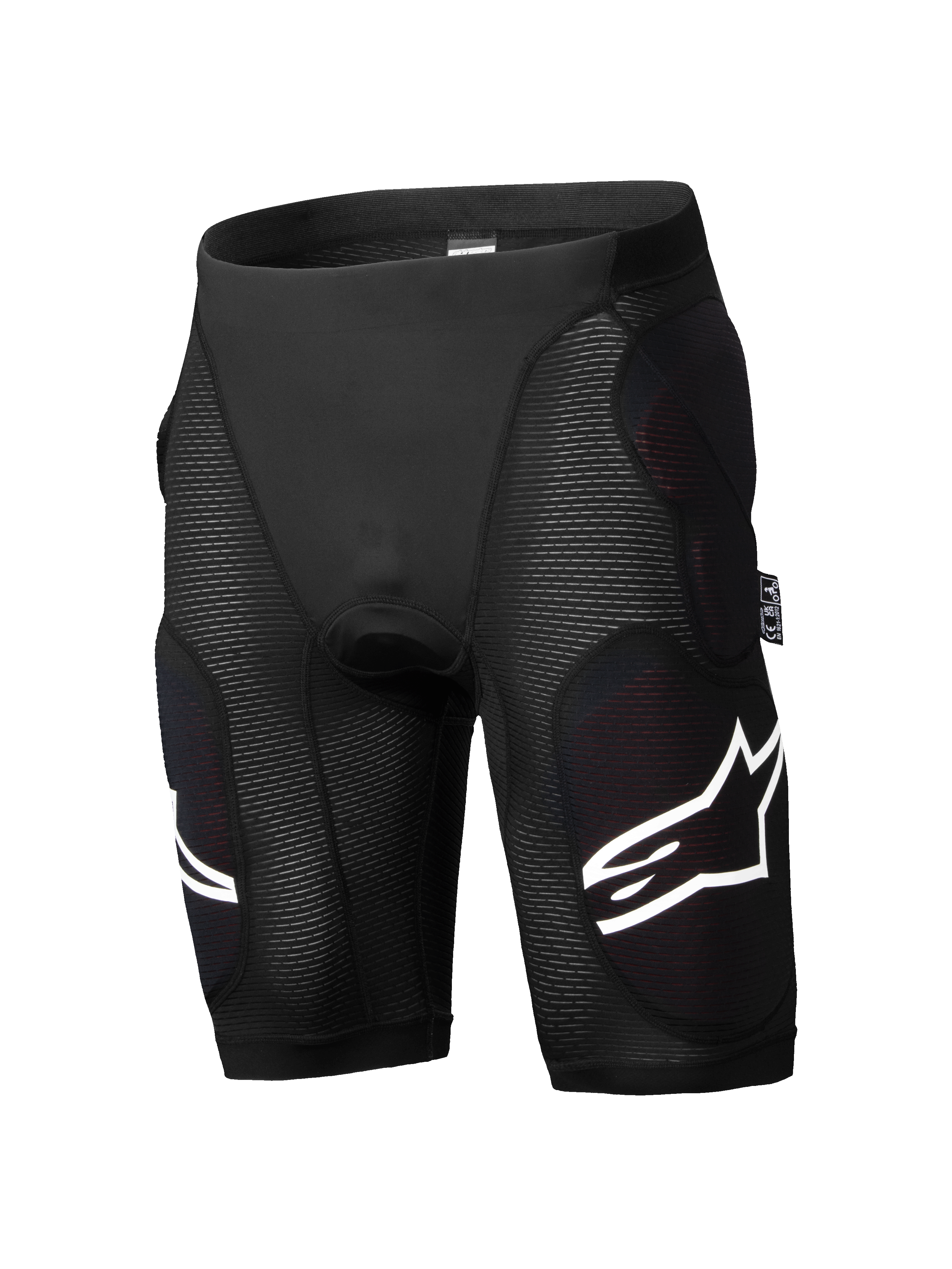 Short de protection Alpinestars A-Impact Plasma, short de protection pour VTT, noir, rembourrage d'impact intégré aux hanches et aux cuisses, panneaux côtelés texturés, accents de logo blancs, matériau extensible respirant et ajusté