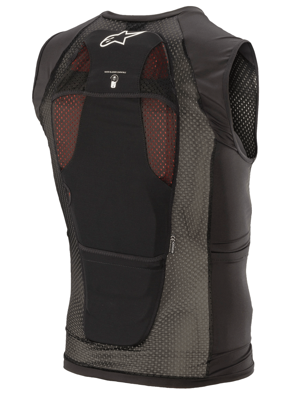 Gilet de protection Alpinestars Paragon Plus, noir, vue de dos présentant une construction légère en maille extensible, logo Astar blanc, icône de compatibilité avec poche d'hydratation et protection dorsale intégrée certifiée CE de niveau 1.
