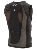 Gilet de protection Alpinestars Paragon Plus, noir, vue de dos présentant une construction légère en maille extensible, logo Astar blanc, icône de compatibilité avec poche d'hydratation et protection dorsale intégrée certifiée CE de niveau 1.