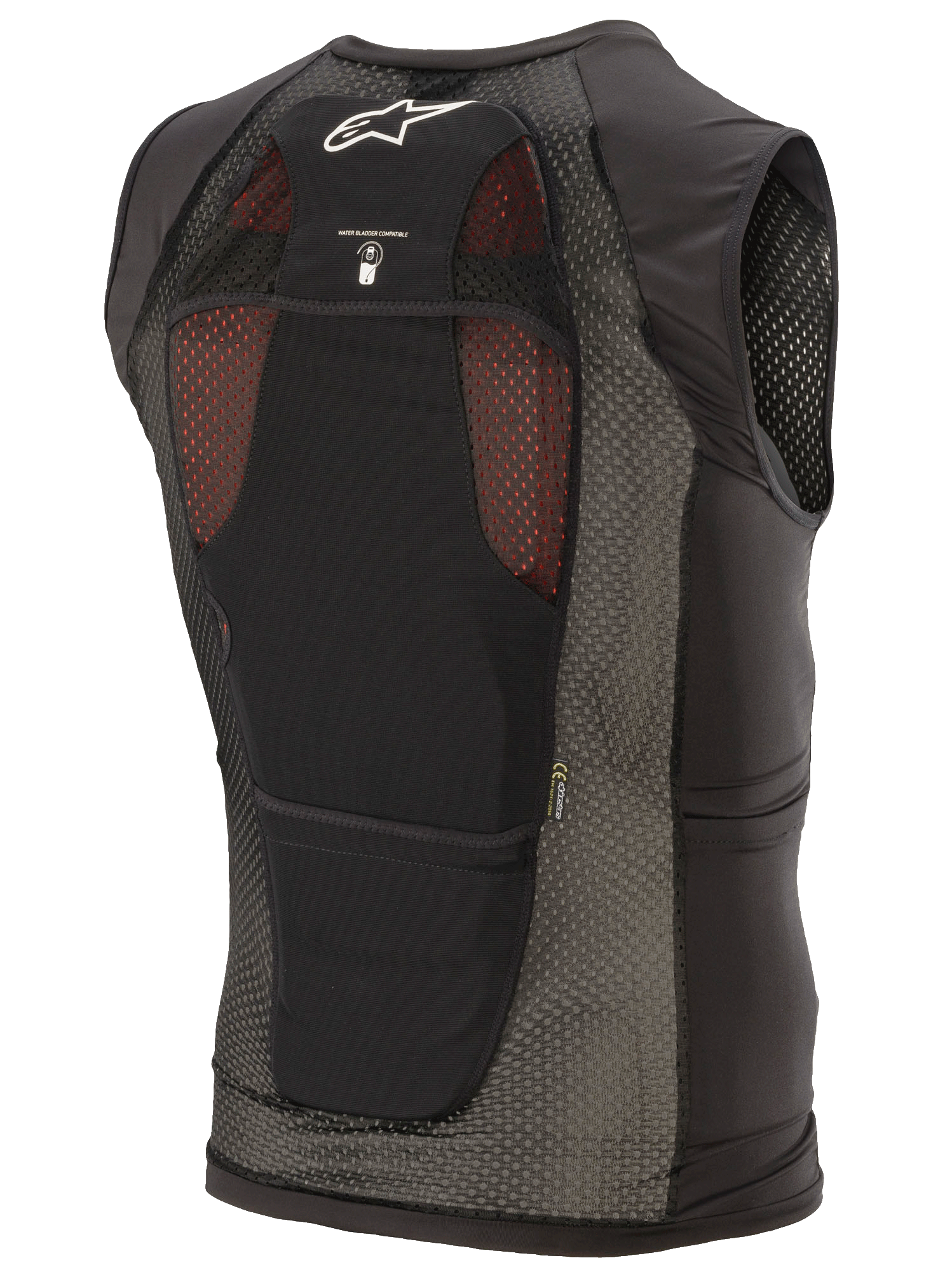 Gilet de protection Alpinestars Paragon Plus, noir, vue de dos présentant une construction légère en maille extensible, logo Astar blanc, icône de compatibilité avec poche d'hydratation et protection dorsale intégrée certifiée CE de niveau 1.