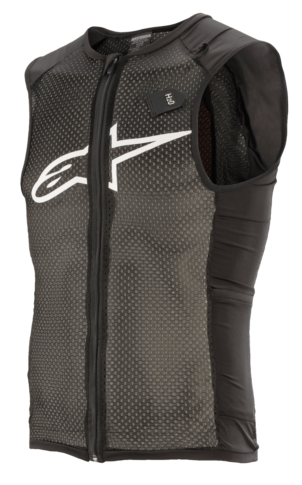 Alpinestars Paragon Plus Protection Vest, noir et blanc, gilet de protection léger pour VTT sans manches, fermeture éclair frontale, construction en mesh extensible texturé, panneaux latéraux noirs, logo blanc sur la poitrine et étiquette pour système d'hydratation H2O