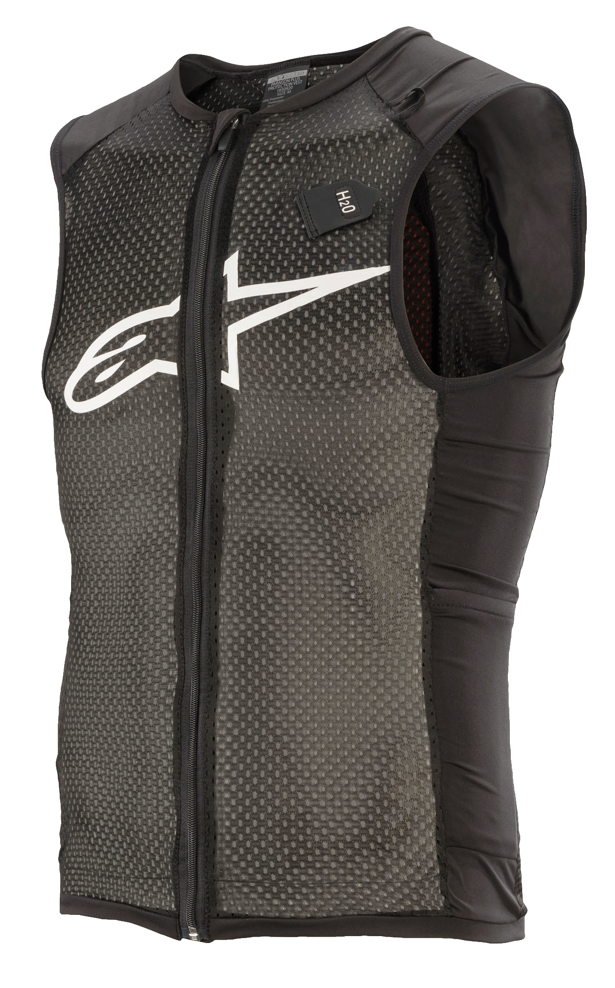 Alpinestars Paragon Plus Protection Vest, noir et blanc, gilet de protection léger pour VTT sans manches, fermeture éclair frontale, construction en mesh extensible texturé, panneaux latéraux noirs, logo blanc sur la poitrine et étiquette pour système d'hydratation H2O