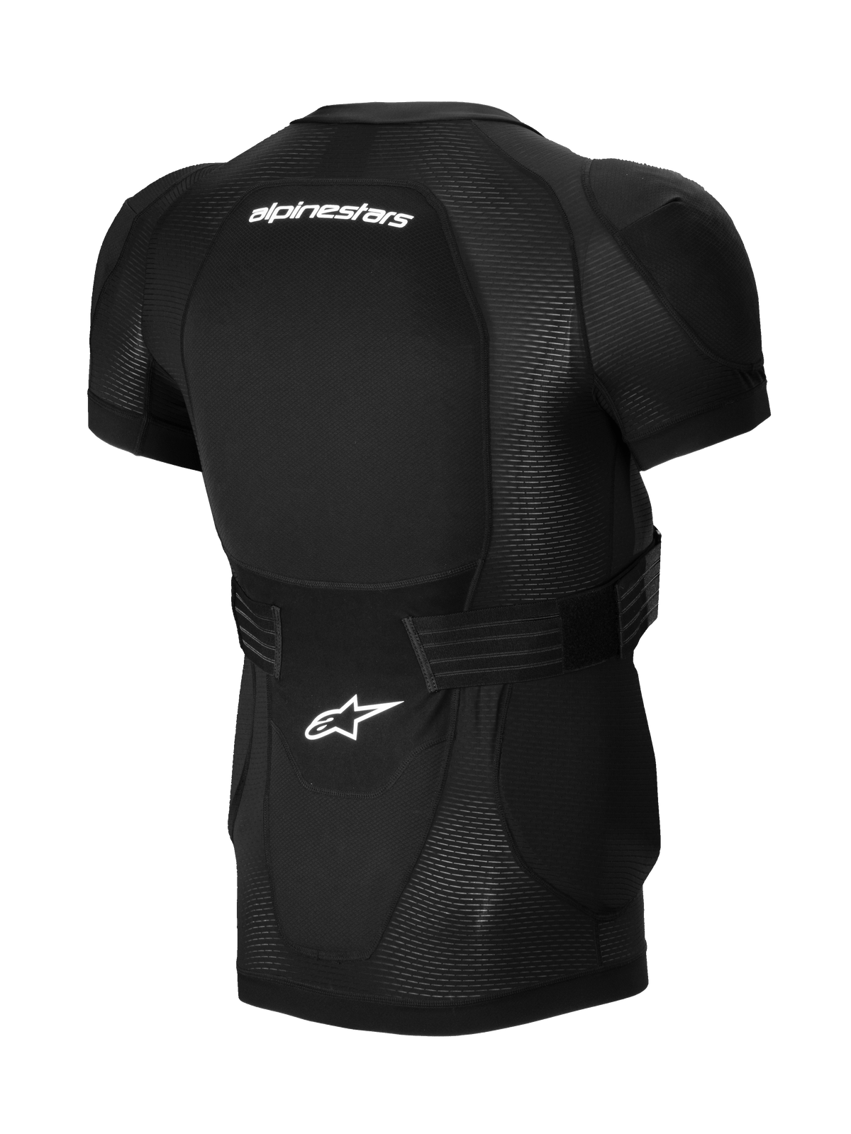 Veste de protection Alpinestars A-Impact Plasma - Manches courtes, noire, vue arrière avec protection dorsale intégrée, logos Alpinestars blancs, sangle de taille réglable et construction en maille respirante pour la protection VTT
