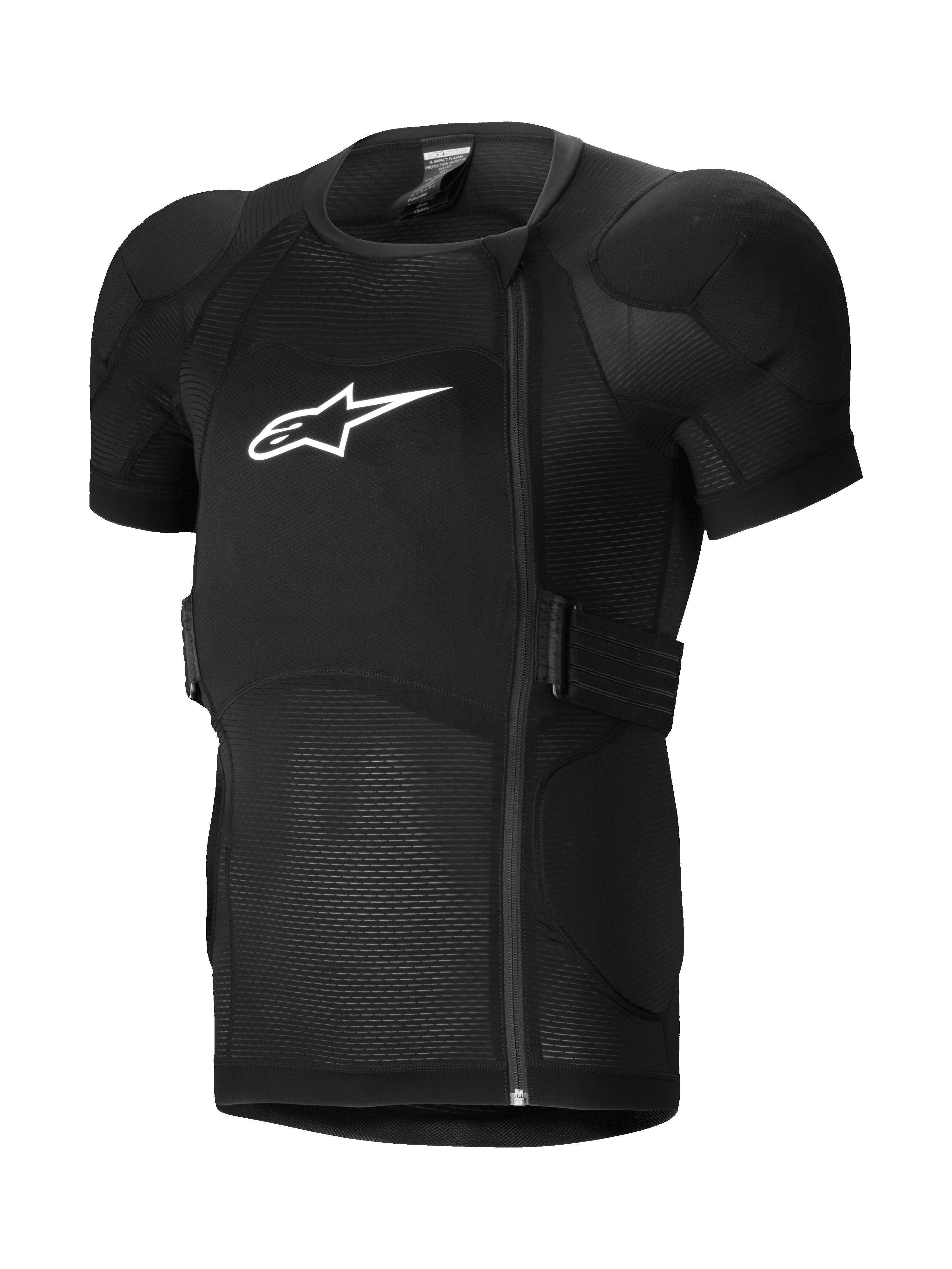 Alpinestars A-Impact Plasma Protection Jacket Short Sleeve, veste de protection VTT, noire, avec épaules rembourrées et protection de poitrine, fermeture éclair latérale décalée, tissu en maille côtelée respirant et logo blanc sur la poitrine