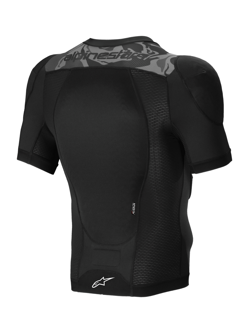 Alpinestars Veste De Protection A-Motion Plasma, veste de protection VTT à manches courtes noire et camouflage, vue de dos montrant la protection dorsale Nucleon PLASMA certifiée CE et la construction en maille extensible