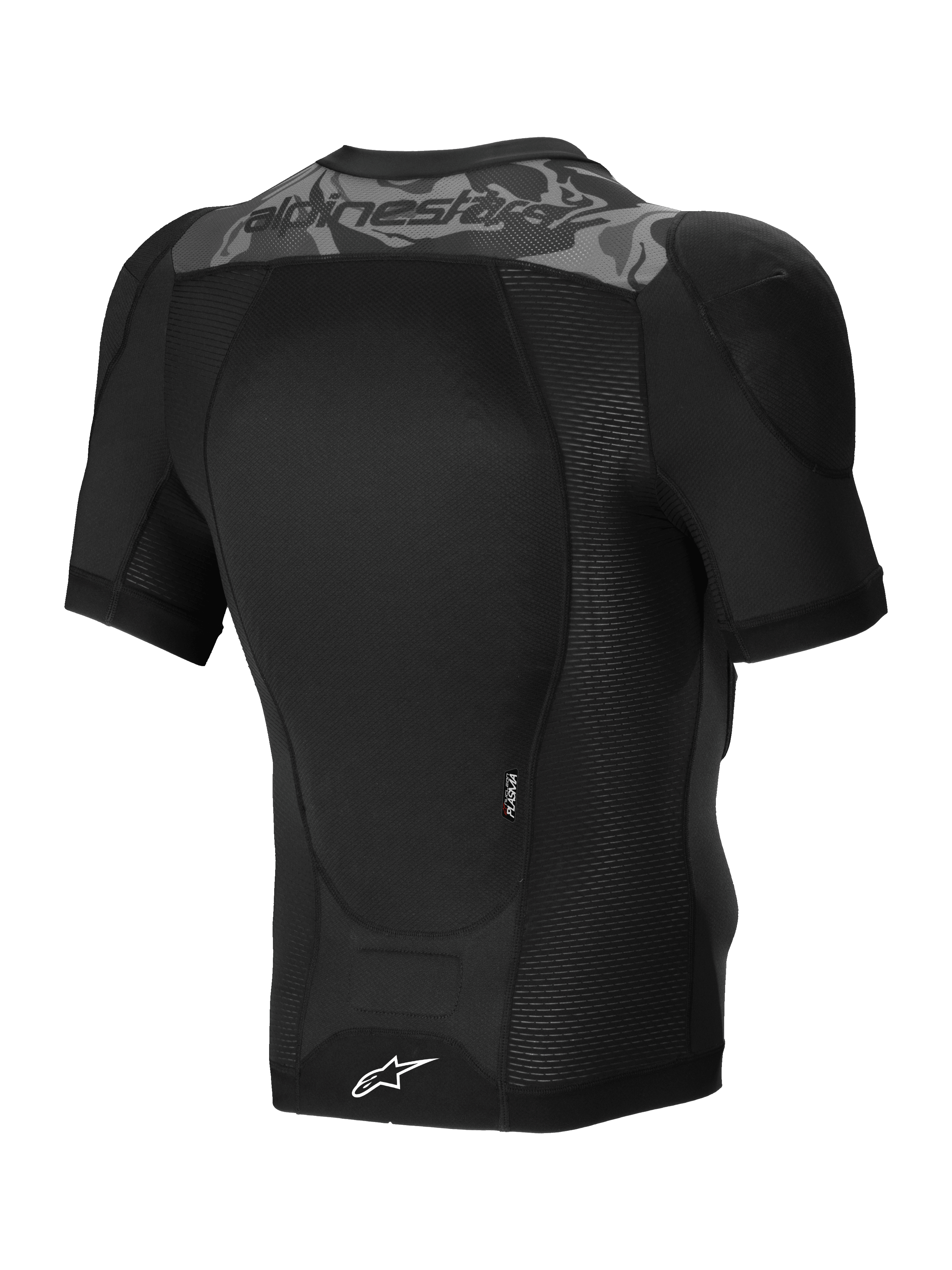Alpinestars Veste De Protection A-Motion Plasma, veste de protection VTT à manches courtes noire et camouflage, vue de dos montrant la protection dorsale Nucleon PLASMA certifiée CE et la construction en maille extensible