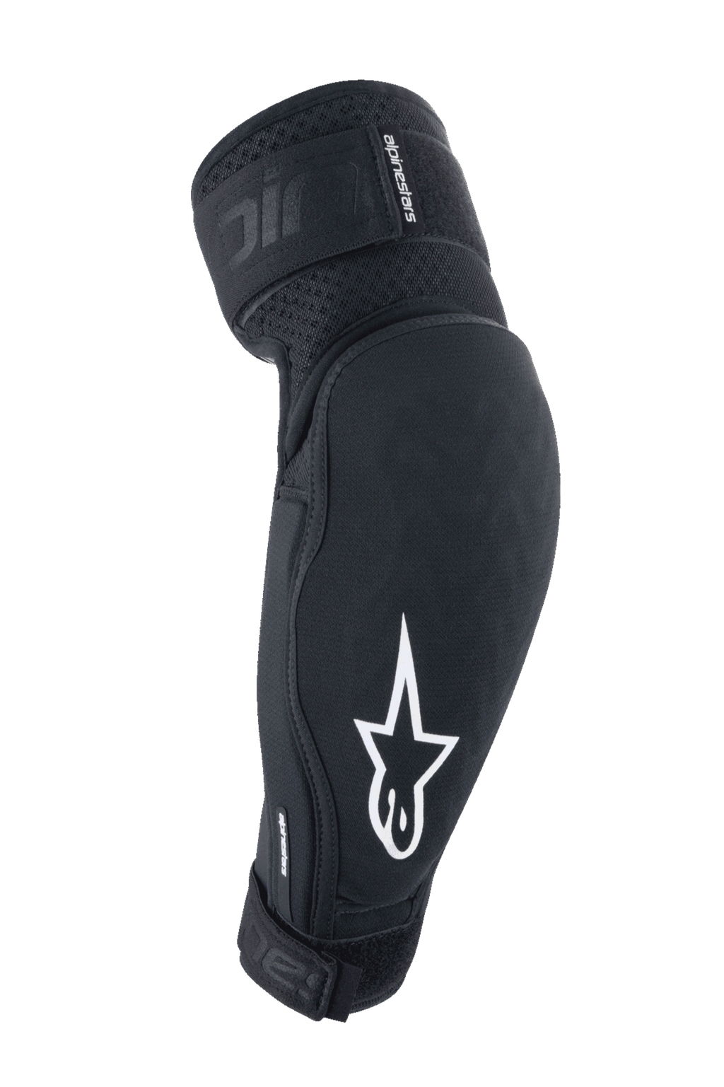 Coudières Alpinestars A-Impact Plasma Elite, noir et blanc, équipement de protection pour VTT avec logo étoile blanc, tissu texturé respirant, sangles ajustables avec fermeture Velcro, design ergonomique pré-courbé