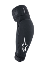 Coudières Alpinestars A-Impact Plasma Elite, noir et blanc, équipement de protection pour VTT avec logo étoile blanc, tissu texturé respirant, sangles ajustables avec fermeture Velcro, design ergonomique pré-courbé