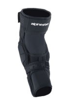 Genouillères Alpinestars A-Impact Plasma Elite, protecteur de genou pour le cyclisme, noir et blanc, doté d'un système de fermeture à double sangle avec logo Alpinestars blanc, de panneaux en mesh et d'un design ergonomique pré-courbé pour la protection contre les impacts VTT