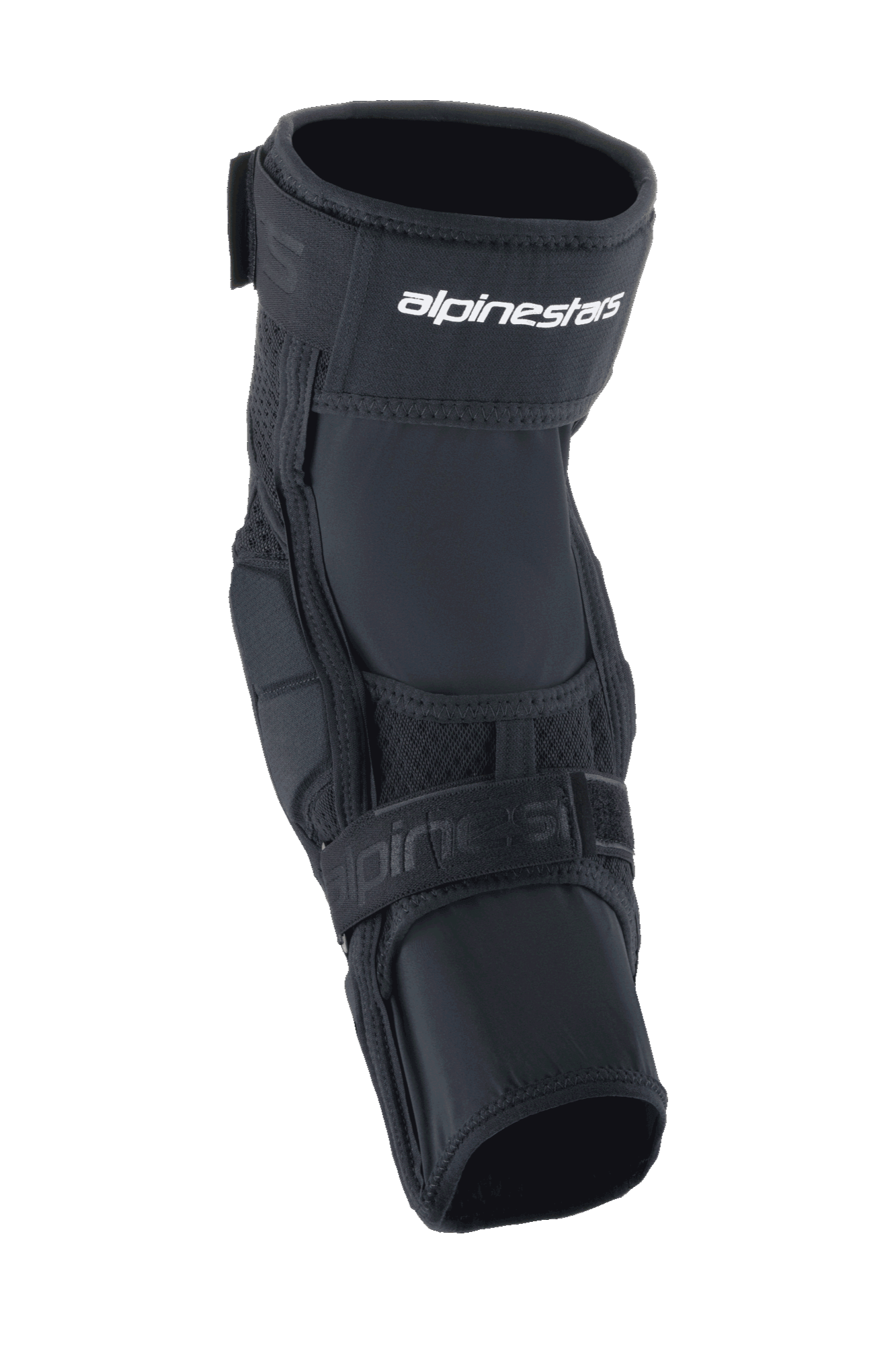 Genouillères Alpinestars A-Impact Plasma Elite, protecteur de genou pour le cyclisme, noir et blanc, doté d'un système de fermeture à double sangle avec logo Alpinestars blanc, de panneaux en mesh et d'un design ergonomique pré-courbé pour la protection contre les impacts VTT