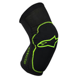 Alpinestars Paragon Knee Guard, genouillère de protection pour VTT, noire avec contours vert fluo, matière extensible texturée, design ergonomique pour ajustement optimal du genou