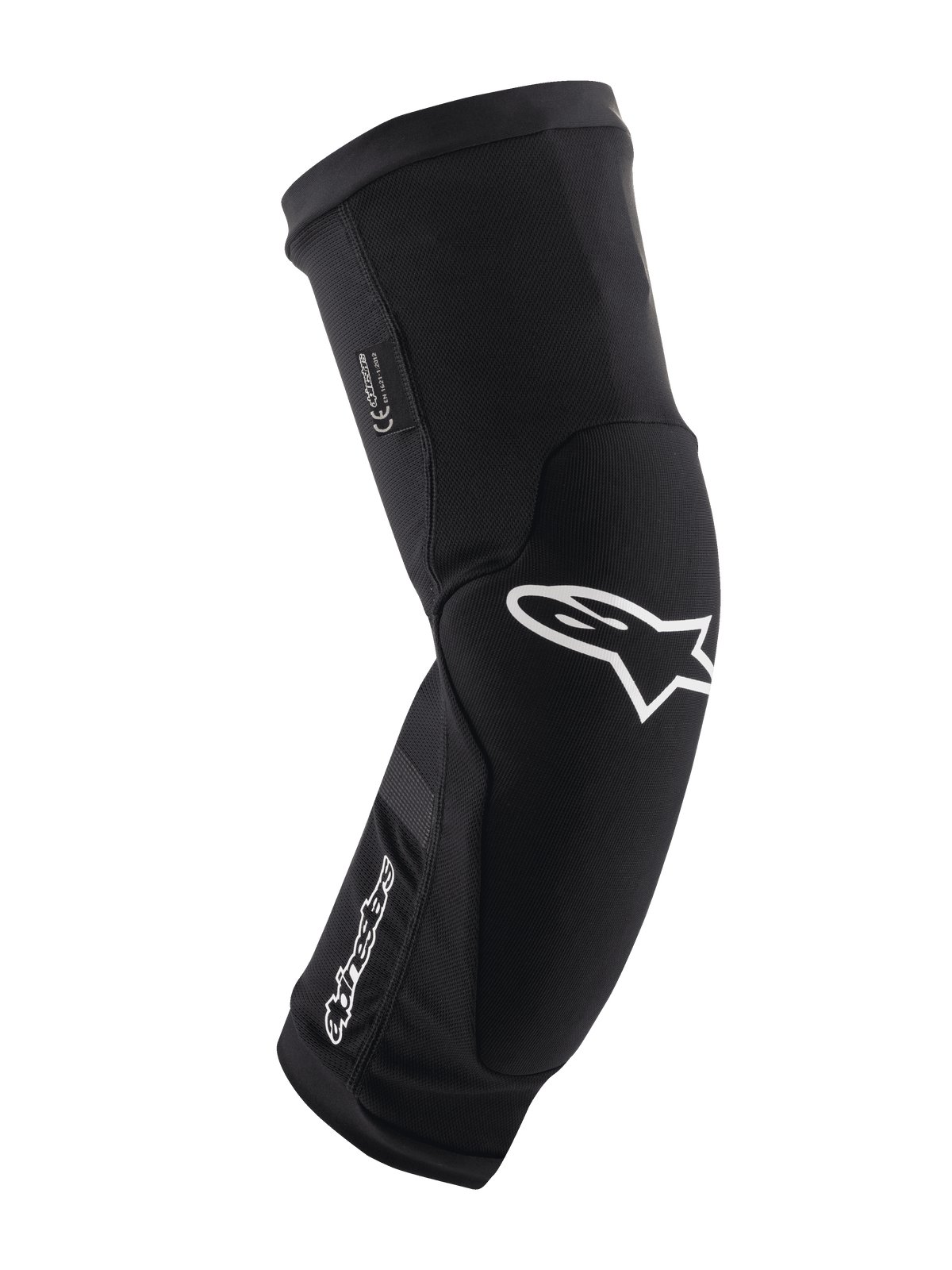 Alpinestars Paragon Plus, genouillères de protection pour VTT, noir et blanc, manchon en maille respirante à enfiler, design ergonomique courbé avec logo étoile blanc, construction rembourrée pour la pratique tout-terrain