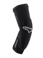 Alpinestars Paragon Plus, genouillères de protection pour VTT, noir et blanc, manchon en maille respirante à enfiler, design ergonomique courbé avec logo étoile blanc, construction rembourrée pour la pratique tout-terrain