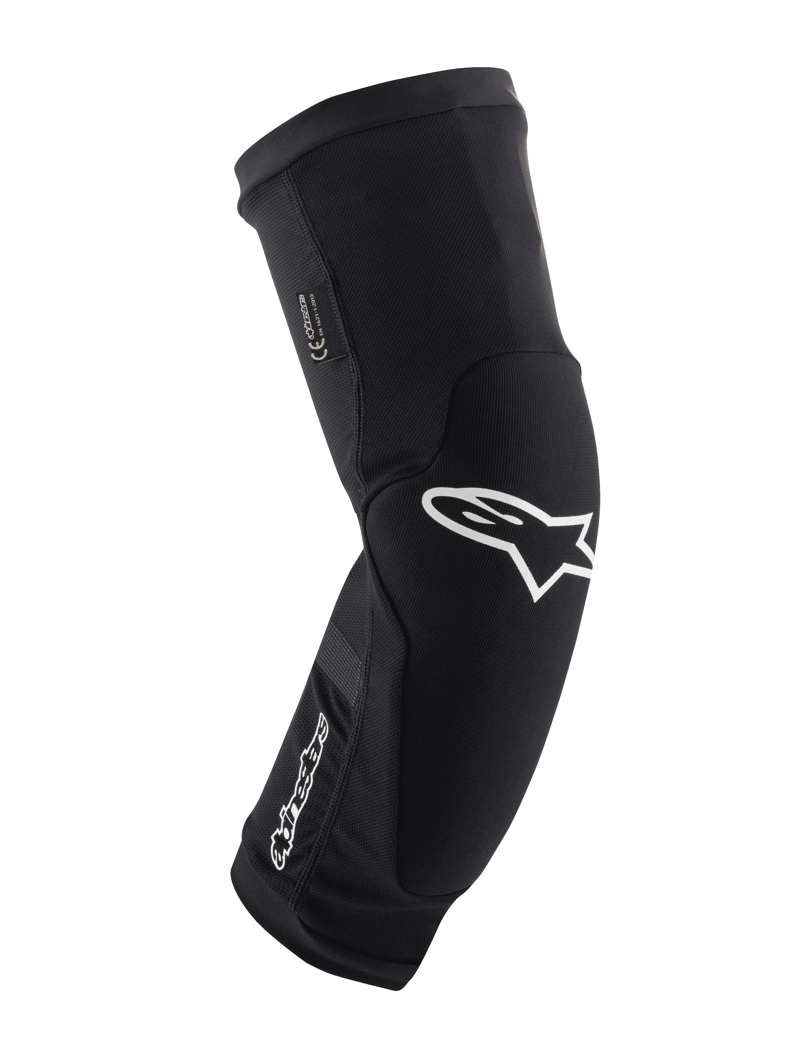 Alpinestars Paragon Plus, genouillères de protection pour VTT, noir et blanc, manchon en maille respirante à enfiler, design ergonomique courbé avec logo étoile blanc, construction rembourrée pour la pratique tout-terrain
