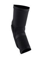 Genouillères Alpinestars Paragon Plus, noires, protections de genou VTT à enfiler en maille extensible respirante, conception ergonomique préformée pour une protection tout-terrain flexible.