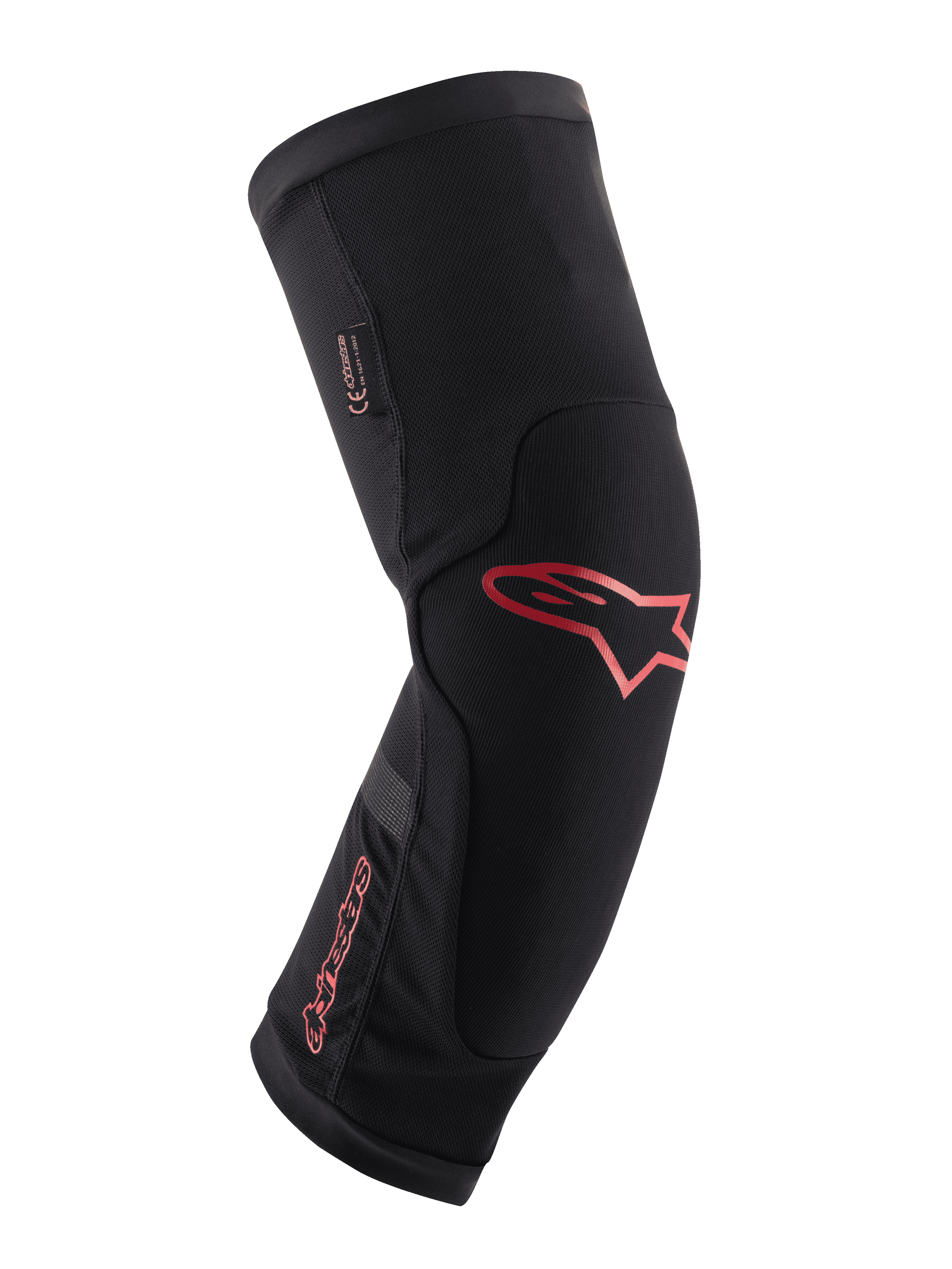 Alpinestars Paragon Plus Knee Protector, noir avec logo et lettrage Alpinestars rouges, design ergonomique à enfiler, tissu mesh respirant avec panneaux renforcés, équipement de protection pour VTT