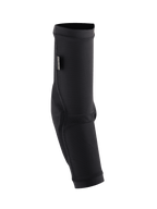 Alpinestars Paragon Plus Elbow Protectors, Black MTB Elbow Guard, slip-on sleeve with textured breathable mesh, featuring rip-stop fabric reinforcements and a CE certification tag, ergonomic design for mountain biking