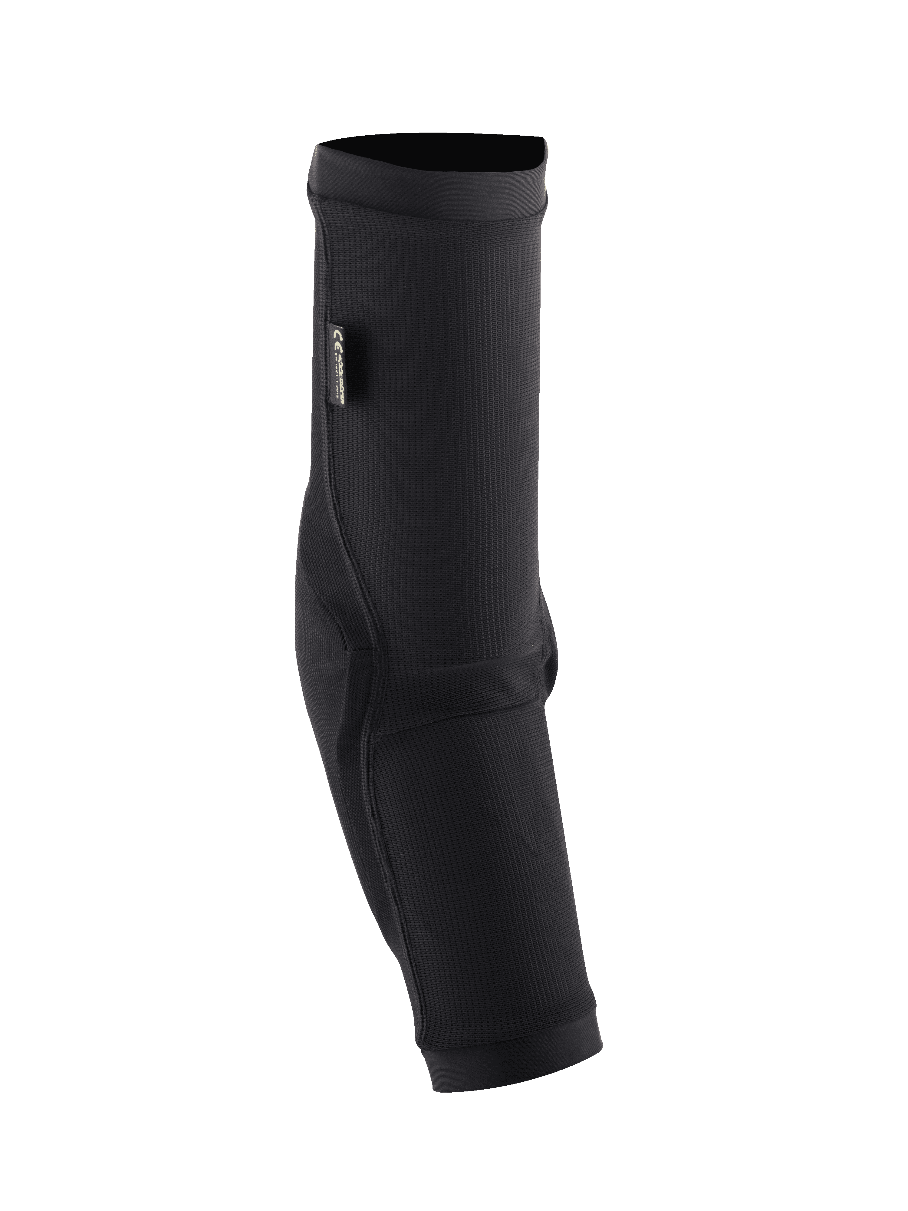 Alpinestars Paragon Plus Elbow Protectors, Black MTB Elbow Guard, slip-on sleeve with textured breathable mesh, featuring rip-stop fabric reinforcements and a CE certification tag, ergonomic design for mountain biking