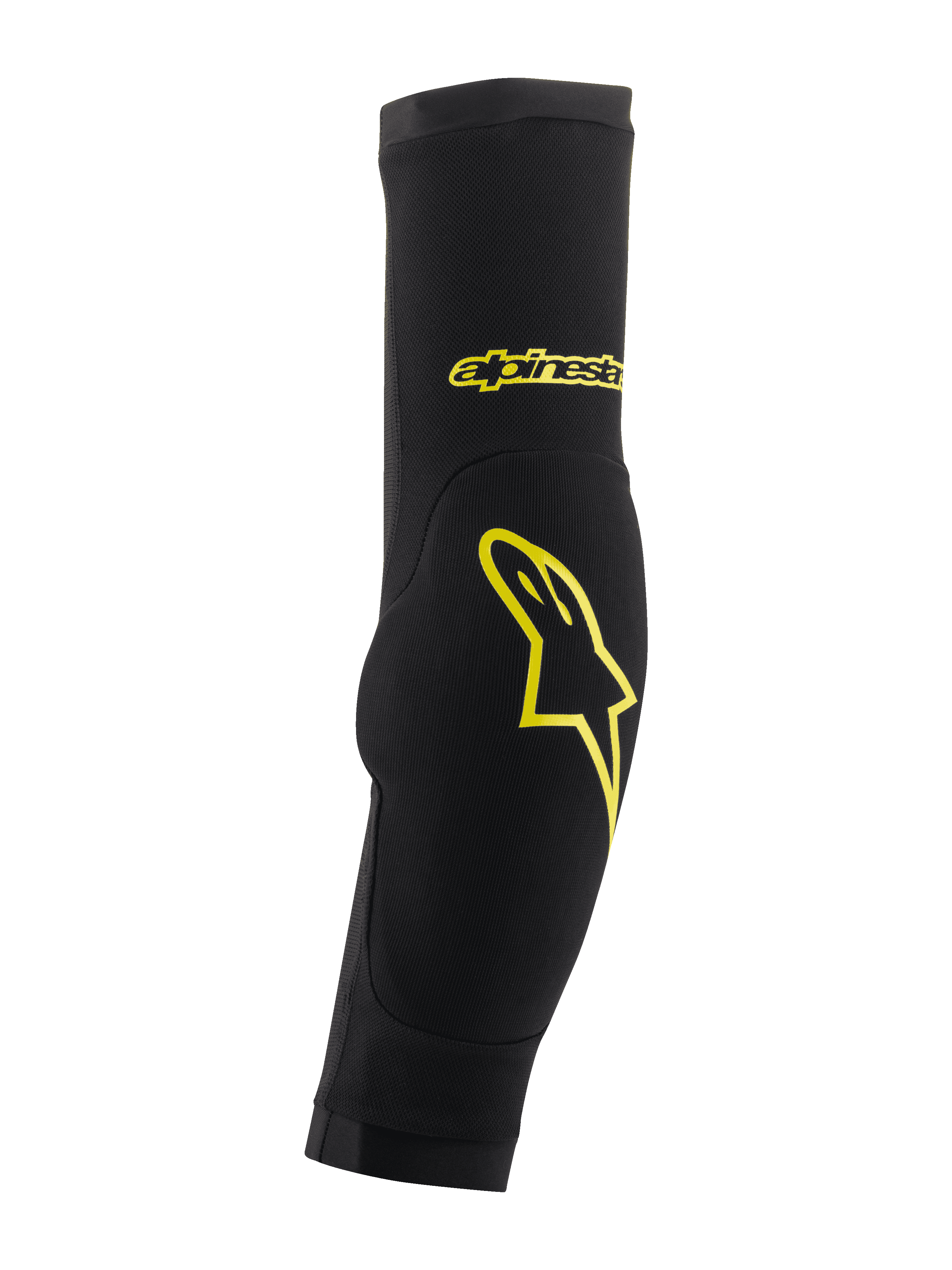 Alpinestars Paragon Plus, coudières de protection, noir et jaune acide, manchon à enfiler avec rembourrage intégré, avec logo étoile jaune et lettrage de la marque, maille respirante pour la protection VTT
