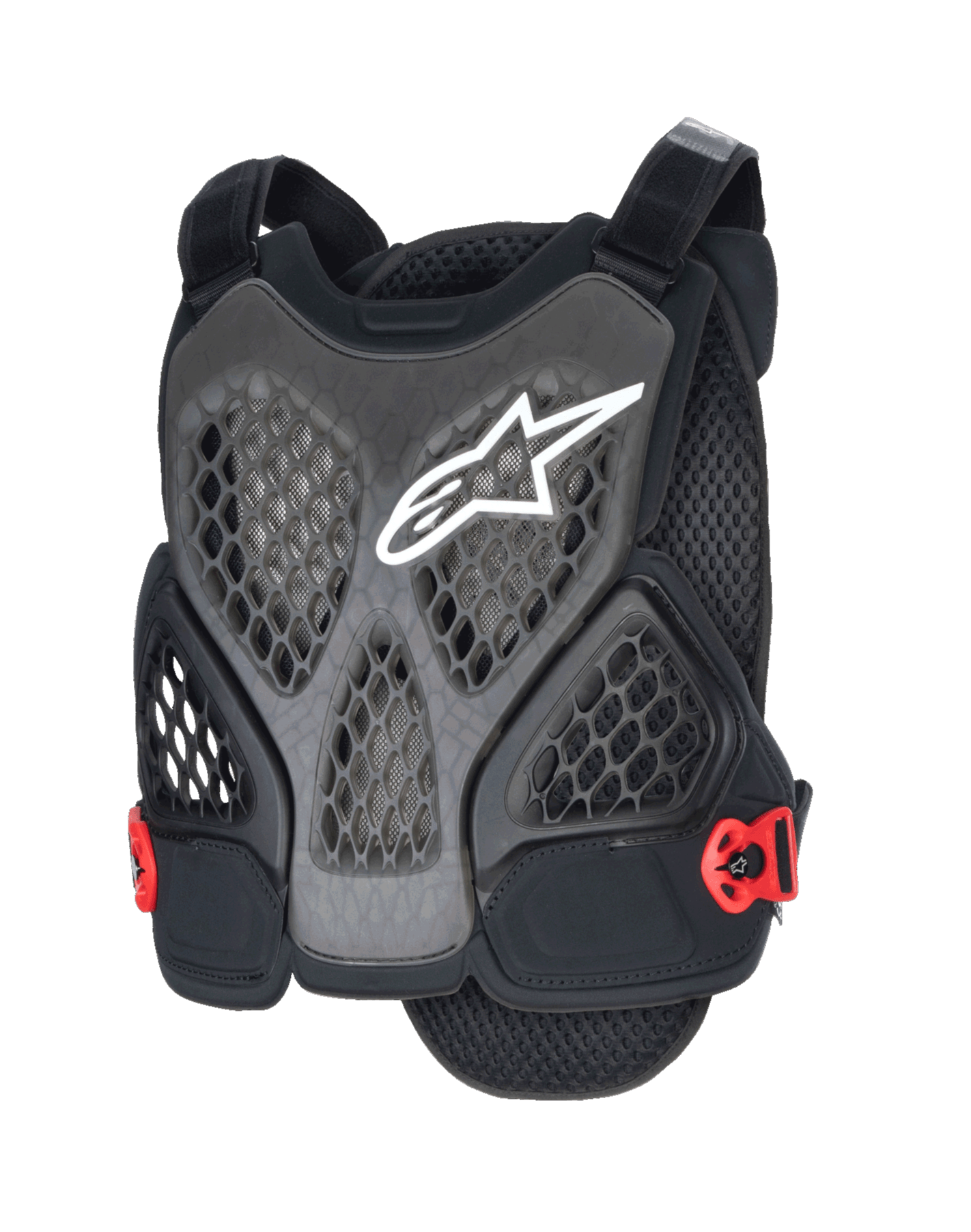 Alpinestars A-6 Plasma Chest Protector, MTB Chest Protector, Black Anthracite and Red, featuring a white star logo, perforated honeycomb mesh panels for ventilation, red side buckles, and adjustable shoulder straps, designed for off-road and gravity mountain bike protection.