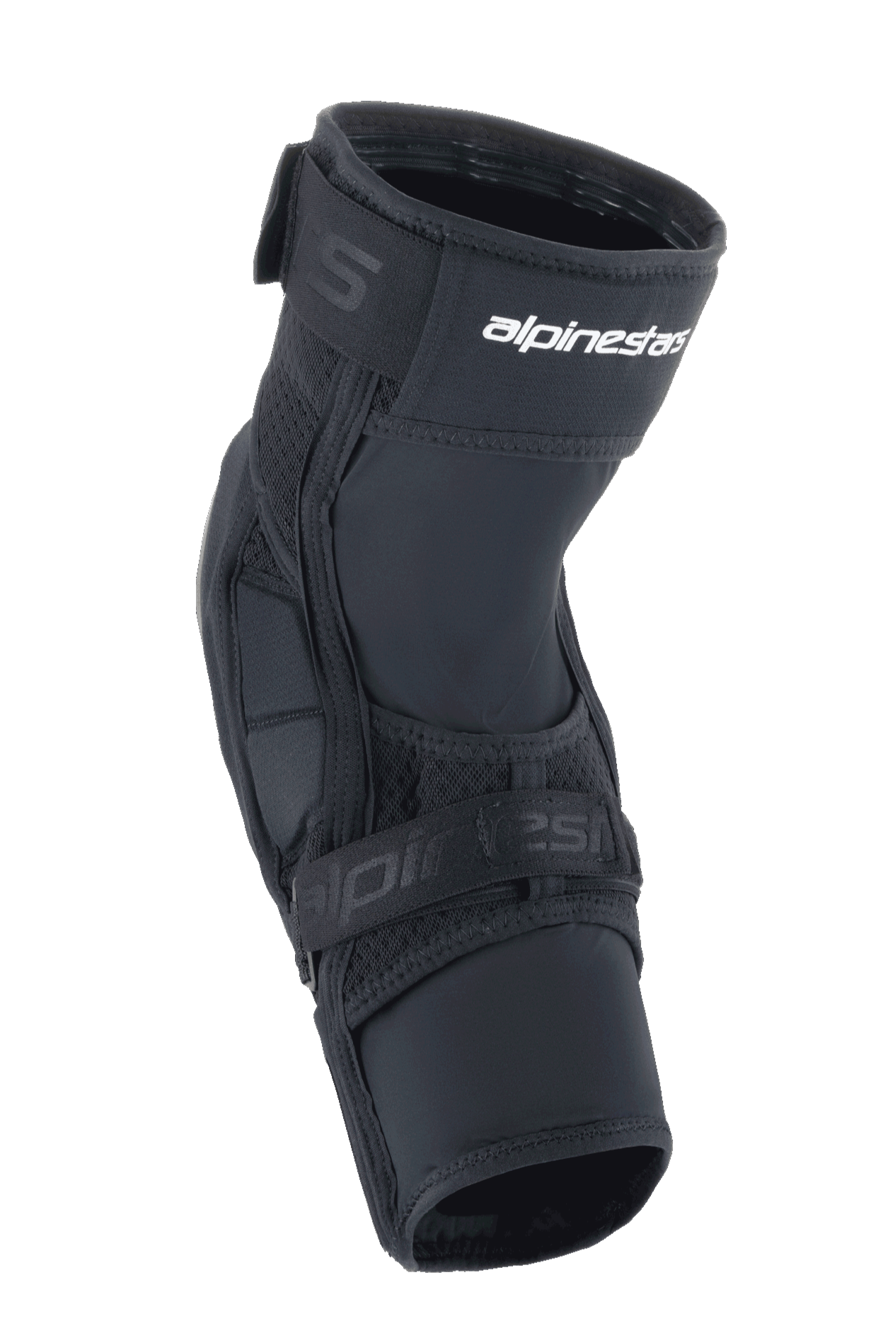 Genouillères Alpinestars A-Impact Plasma Elite Shield, équipement de protection VTT, noir avec logo blanc, design ergonomique pré-courbé, fermeture à double sangle et panneaux en maille respirante pour le VTT