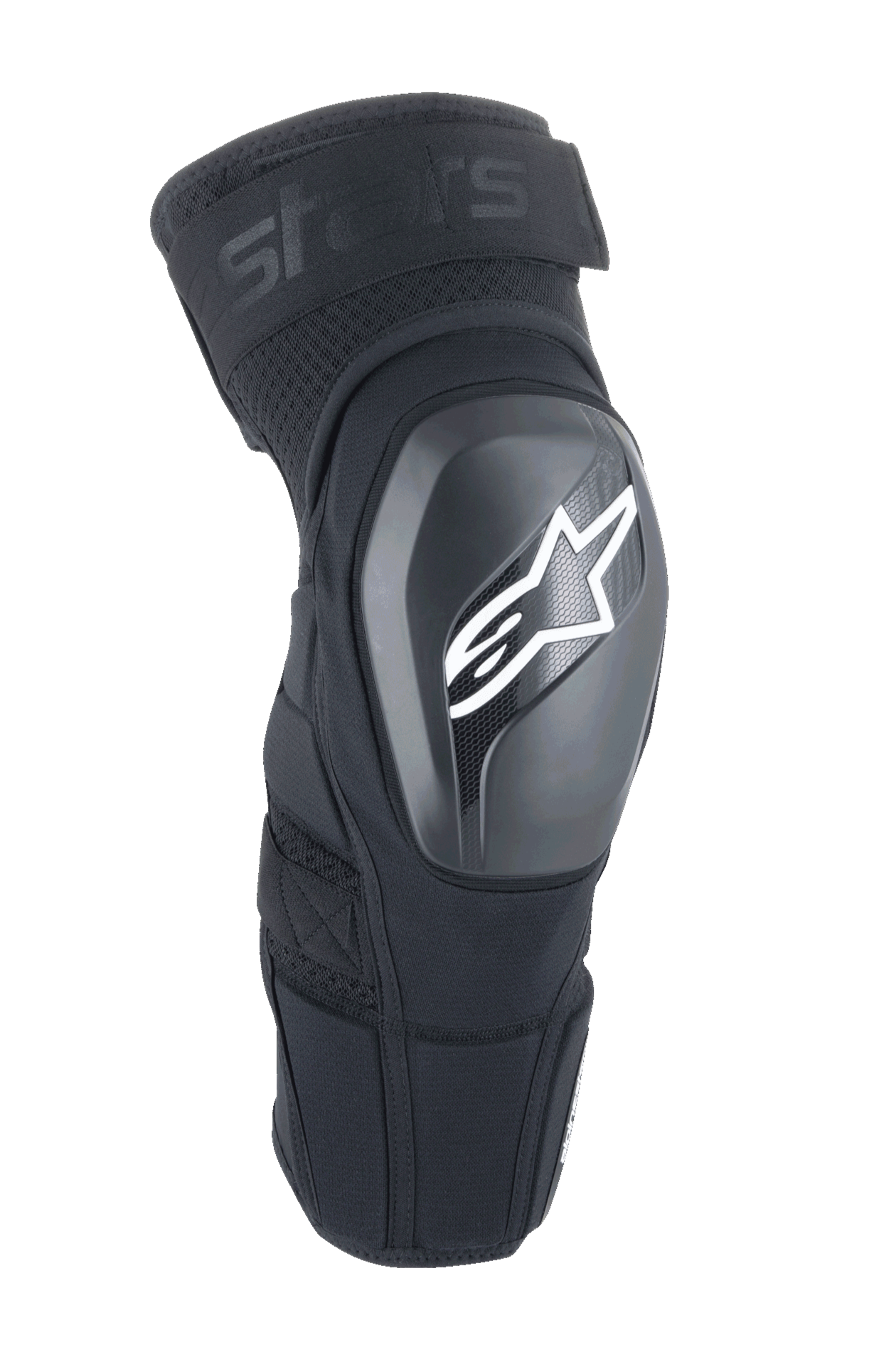 Alpinestars A-Impact Plasma Elite Shield, genouillères de protection, noires avec logo étoile blanc, coque extérieure rigide en TPU, tissu mesh avec sangle supérieure ajustable, design ergonomique pré-courbé, protection VTT et tout-terrain