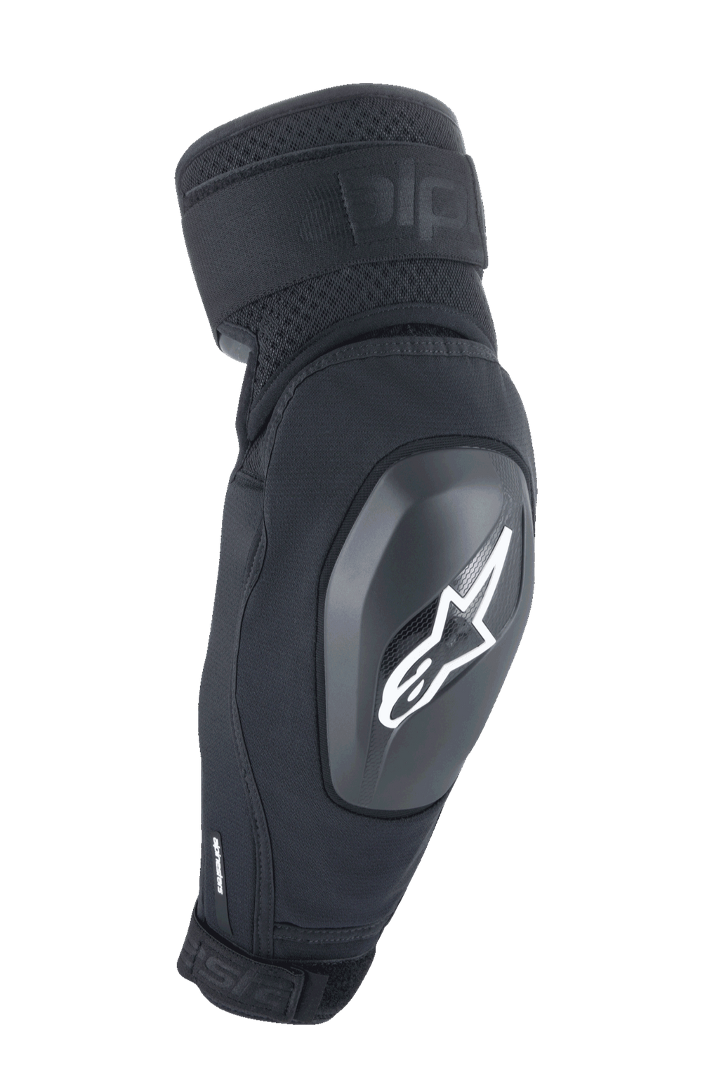 Alpinestars A-Impact Plasma Elite Shield, protections de coude, noires avec logo étoile blanc, coque rigide en TPU, doubles sangles réglables, ventilation en mesh, design ergonomique pré-courbé, équipement de protection VTT