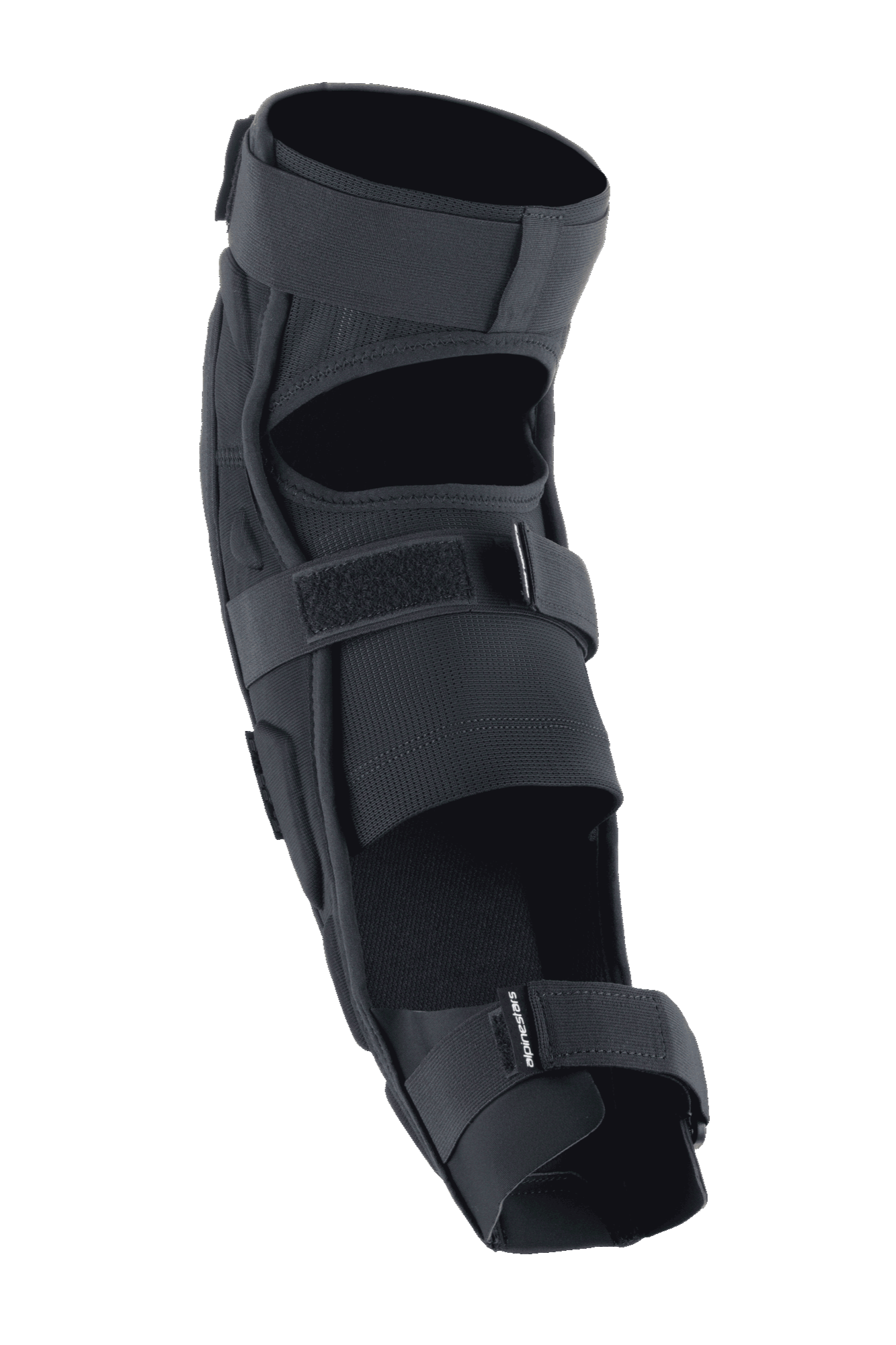 Alpinestars A-Impact Plasma Pro Protège-genou et tibia, noir, vue arrière avec système de fermeture à triple sangle, panneaux en maille respirante et conception ergonomique pré-courbée pour la protection en cyclisme tout-terrain