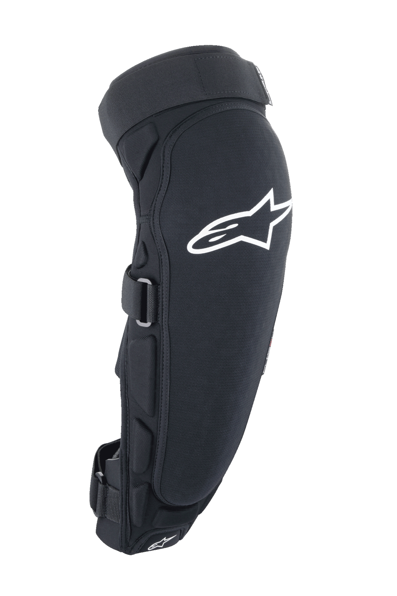 Protections genoux et tibias Alpinestars A-Impact Plasma Pro, noir et blanc, vue latérale avec un grand logo Astar blanc, rembourrage latéral et système de fermeture par sangles sécurisé, protection pour le cyclisme tout-terrain