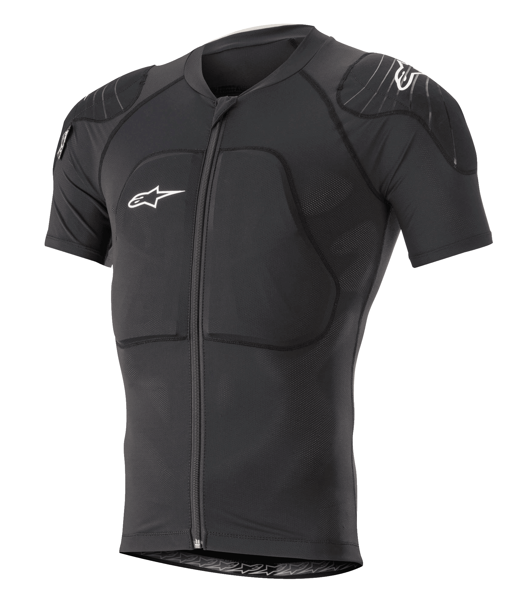Alpinestars Paragon Lite Protection Jacket Short Sleeve, noire, gilet de protection VTT avec rembourrages intégrés aux épaules et à la poitrine, fermeture éclair frontale, tissu en maille respirante, logos Alpinestars blancs, coupe ajustée pour le trail