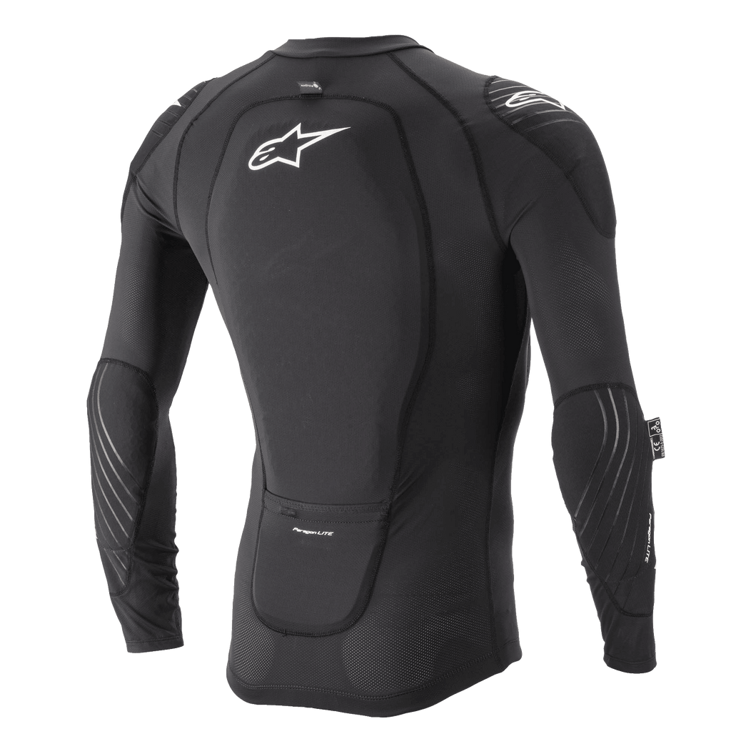 Veste de protection Alpinestars Paragon Lite à manches longues, noire, vue arrière avec protection dorsale intégrée et logo Astar blanc, construction en maille respirante avec protections aux coudes et aux épaules, équipement de protection léger pour VTT