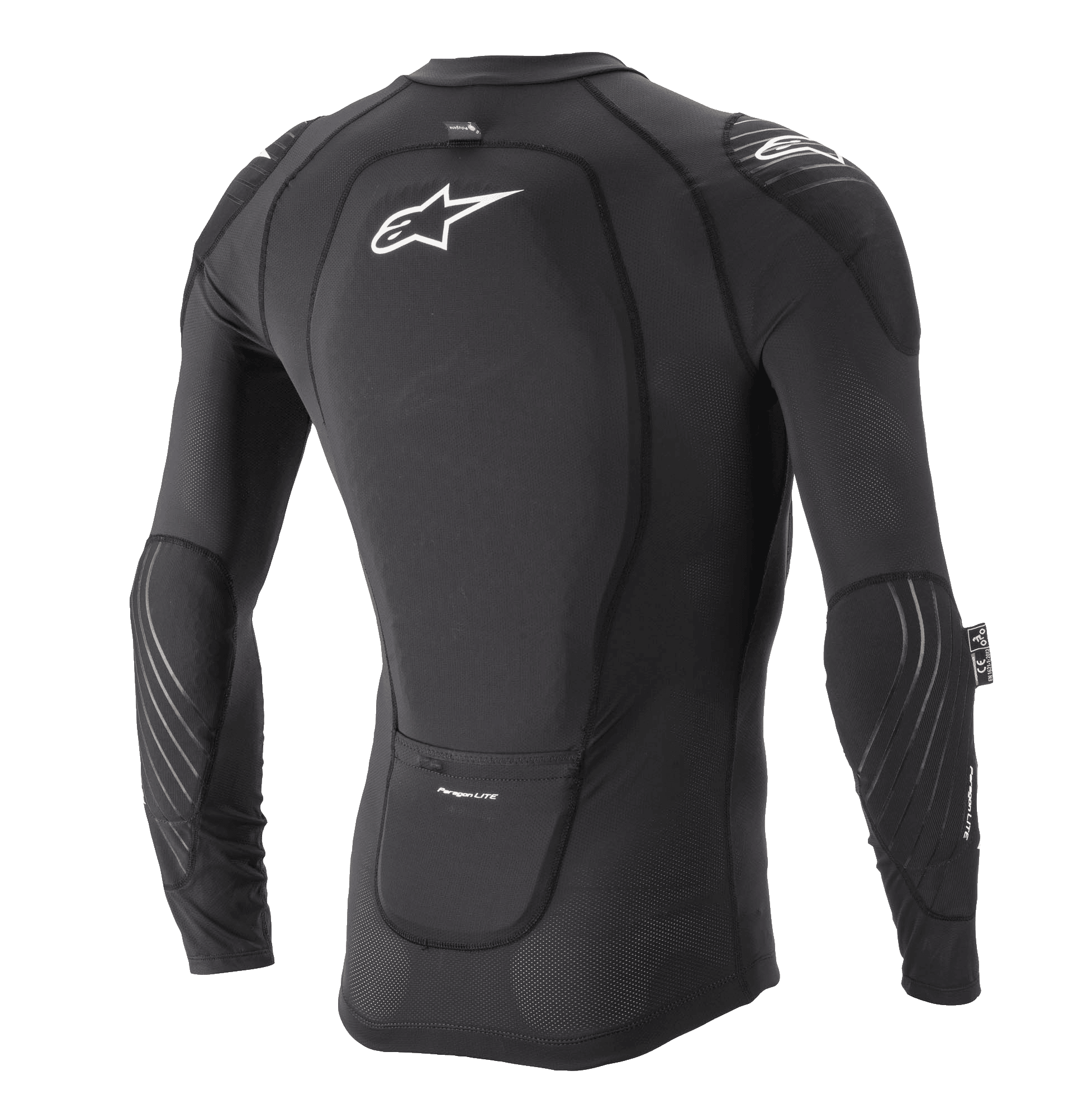 Veste de protection Alpinestars Paragon Lite à manches longues, noire, vue arrière avec protection dorsale intégrée et logo Astar blanc, construction en maille respirante avec protections aux coudes et aux épaules, équipement de protection léger pour VTT