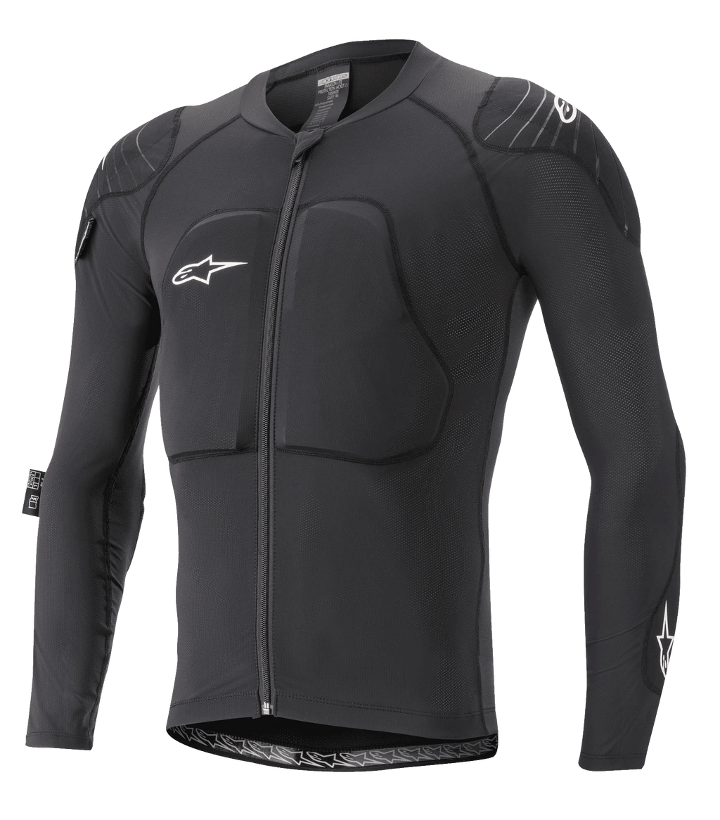 Alpinestars Paragon Lite Protection Jacket - Manches longues, protection VTT, noire, maille respirante avec rembourrage à la poitrine et aux épaules, fermeture éclair frontale, logo étoile blanc sur la poitrine, design léger et ajusté