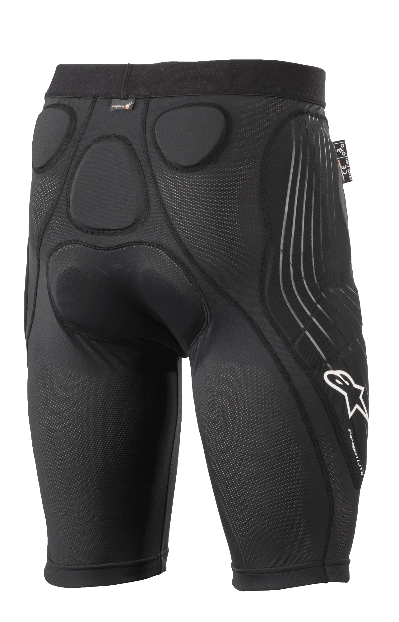 Short de protection Alpinestars Paragon Lite, noir, vue arrière avec rembourrage en mousse à mémoire de forme intégré pour la protection des hanches et du coccyx, conception en mesh respirant, logo Alpinestars blanc et marquage Paragon Lite sur la jambe, équipement de protection léger pour le cyclisme