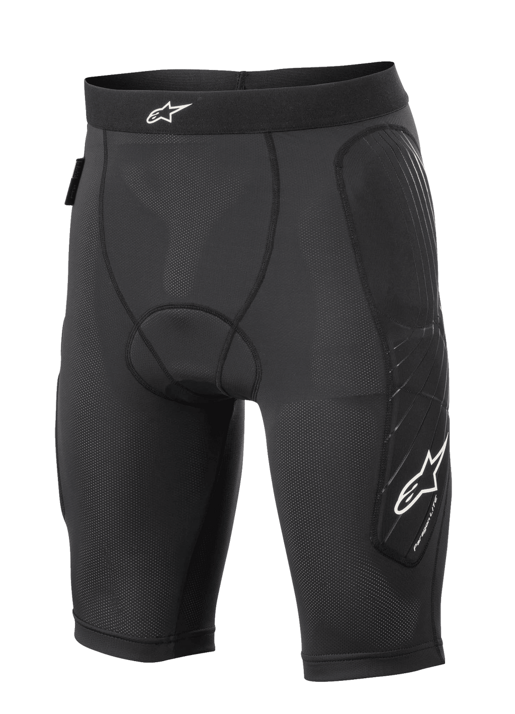 Alpinestars Paragon Lite Protection Shorts, short de protection pour VTT, noir, construction en maille légère et respirante avec tissu perforé, rembourrage aux hanches et sur les côtés des jambes, logo étoile blanc sur la taille et la jambe, coupe ajustée de style compression pour le cyclisme tout-terrain