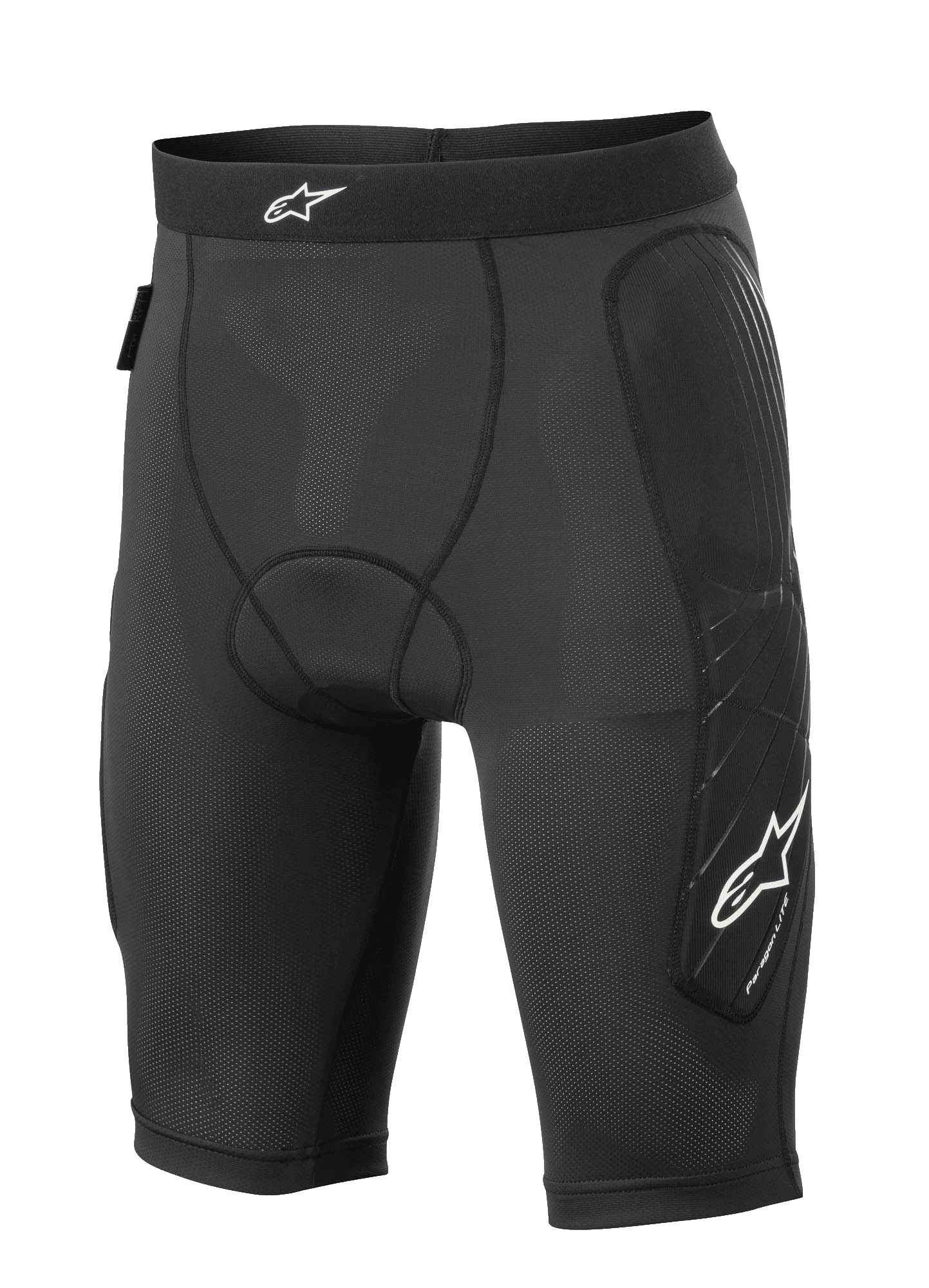 Alpinestars Paragon Lite Protection Shorts, short de protection pour VTT, noir, construction en maille légère et respirante avec tissu perforé, rembourrage aux hanches et sur les côtés des jambes, logo étoile blanc sur la taille et la jambe, coupe ajustée de style compression pour le cyclisme tout-terrain