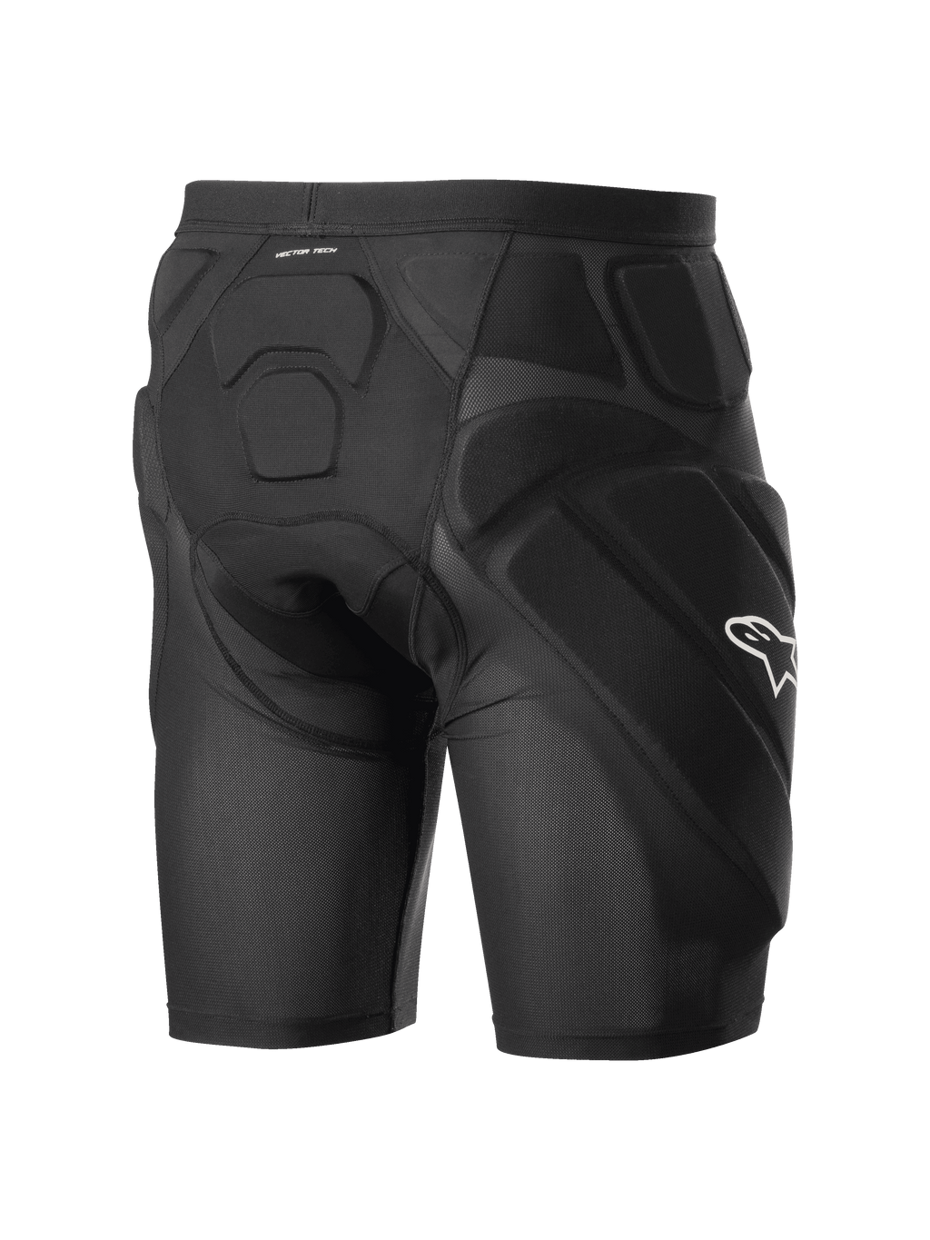Alpinestars Vector Tech Shorts, short de protection cycliste noir, doté d'un rembourrage intégré en mousse à mémoire de forme EVA sur les hanches et le dos, construction en maille extensible respirante avec un logo Alpinestars blanc sur le côté.