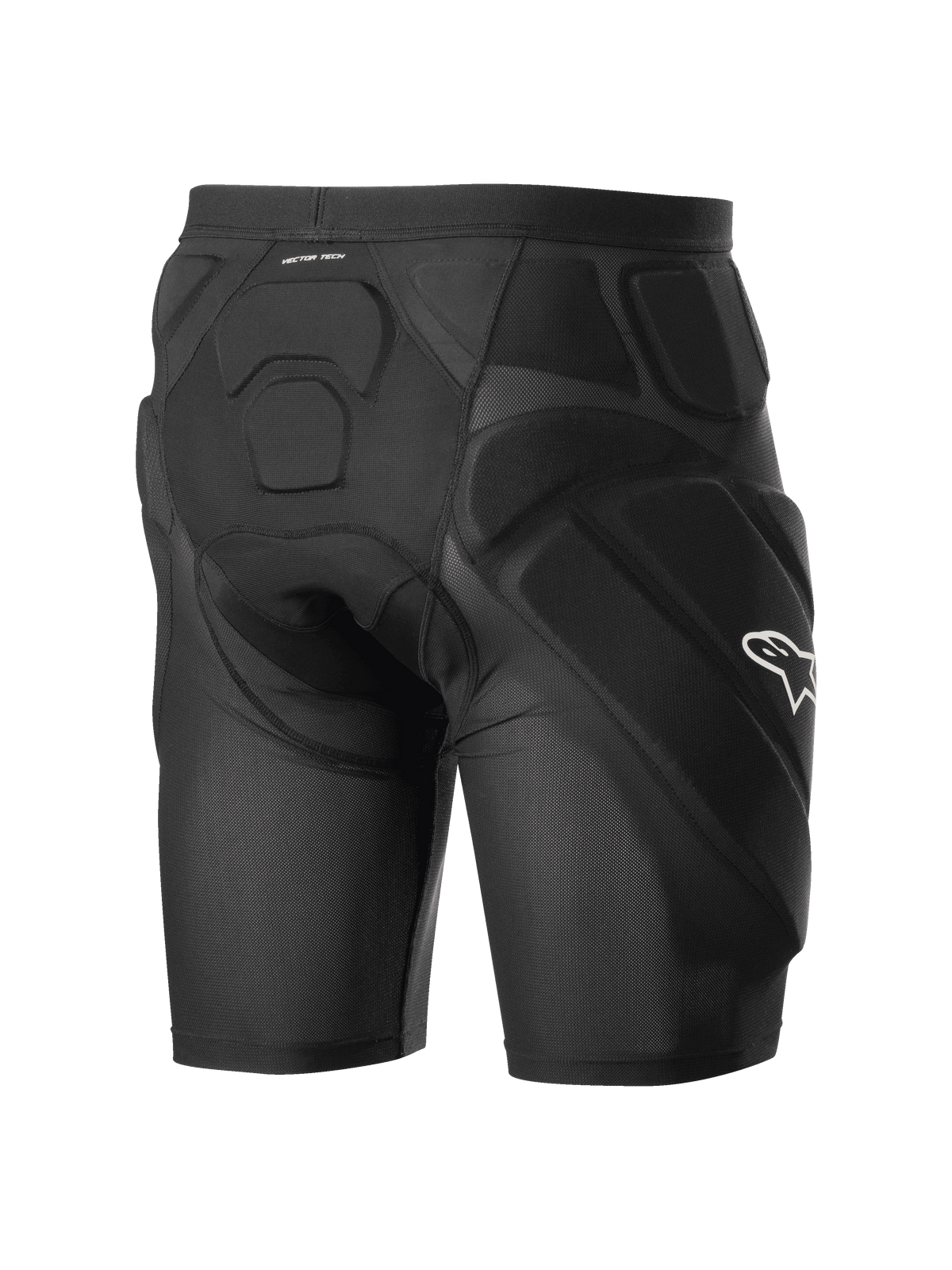 Alpinestars Vector Tech Shorts, short de protection cycliste noir, doté d'un rembourrage intégré en mousse à mémoire de forme EVA sur les hanches et le dos, construction en maille extensible respirante avec un logo Alpinestars blanc sur le côté.