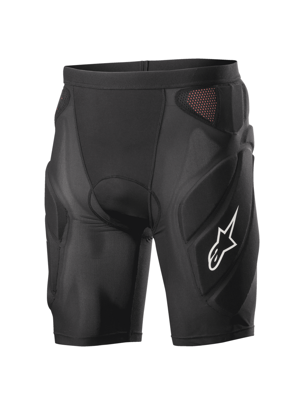 Alpinestars Vector Tech Shorts, short de protection de cyclisme noir, design de compression rembourré avec panneaux en maille rouges, logo étoile blanc sur la cuisse, maille extensible légère avec protection en mousse EVA, équipement pour le VTT et la descente