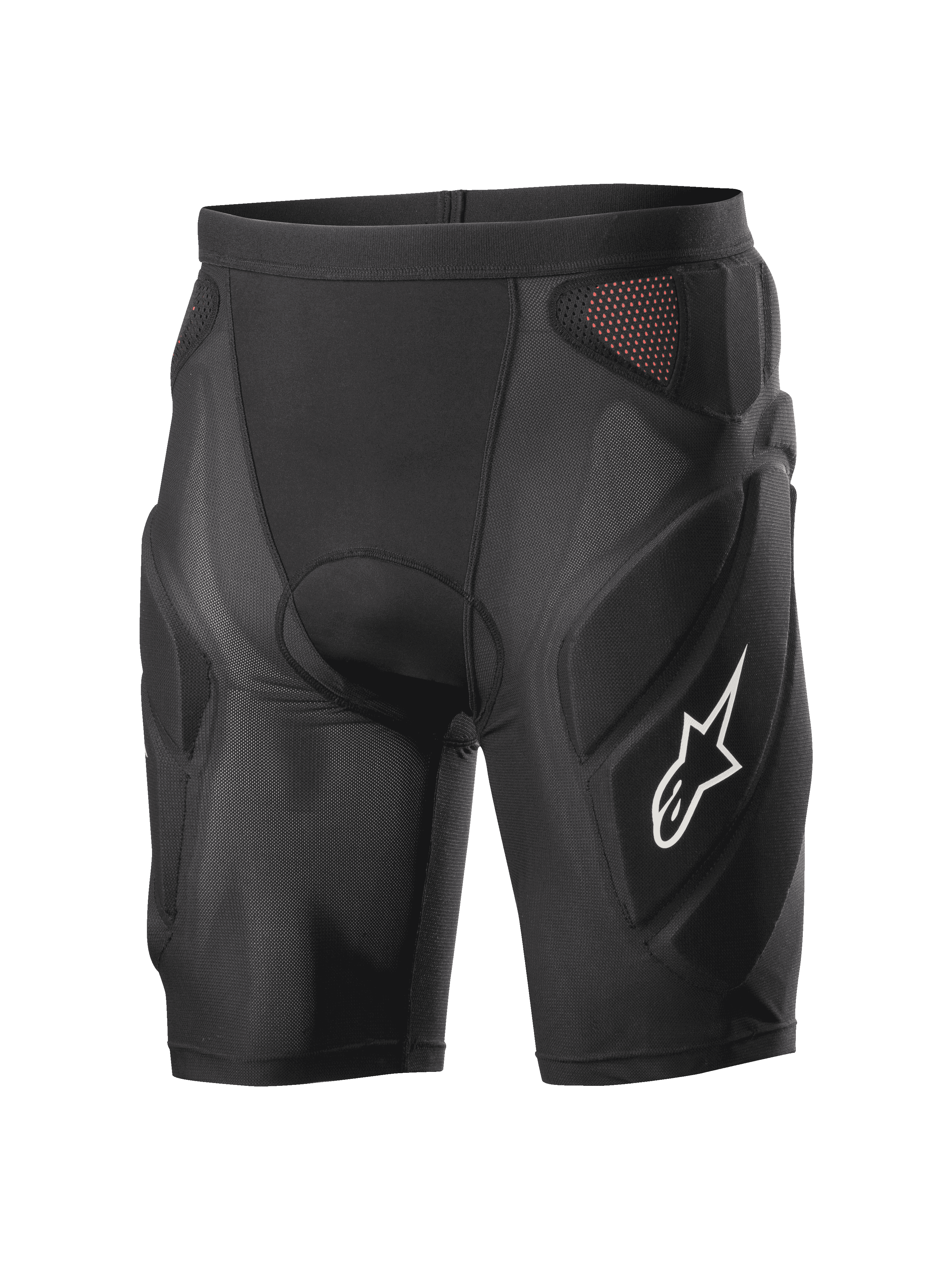 Alpinestars Vector Tech Shorts, short de protection de cyclisme noir, design de compression rembourré avec panneaux en maille rouges, logo étoile blanc sur la cuisse, maille extensible légère avec protection en mousse EVA, équipement pour le VTT et la descente