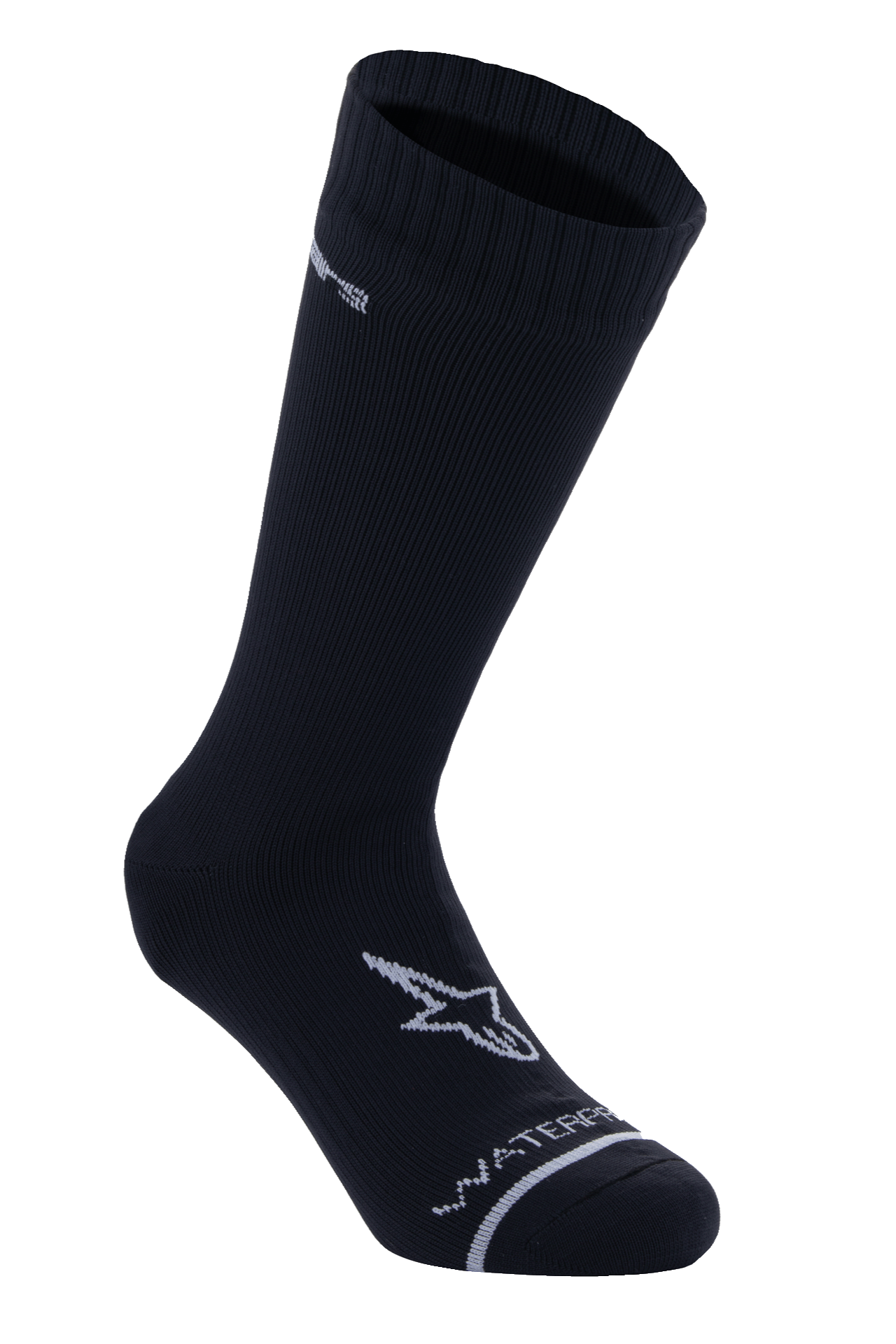 Alpinestars A-Dura Waterproof Socks, Black, Mid-calf Cycling Socks, Ribbed Texture on cuff, White A-star Logo on foot, Waterproof lettering on toe, Technical MTB Base Layer