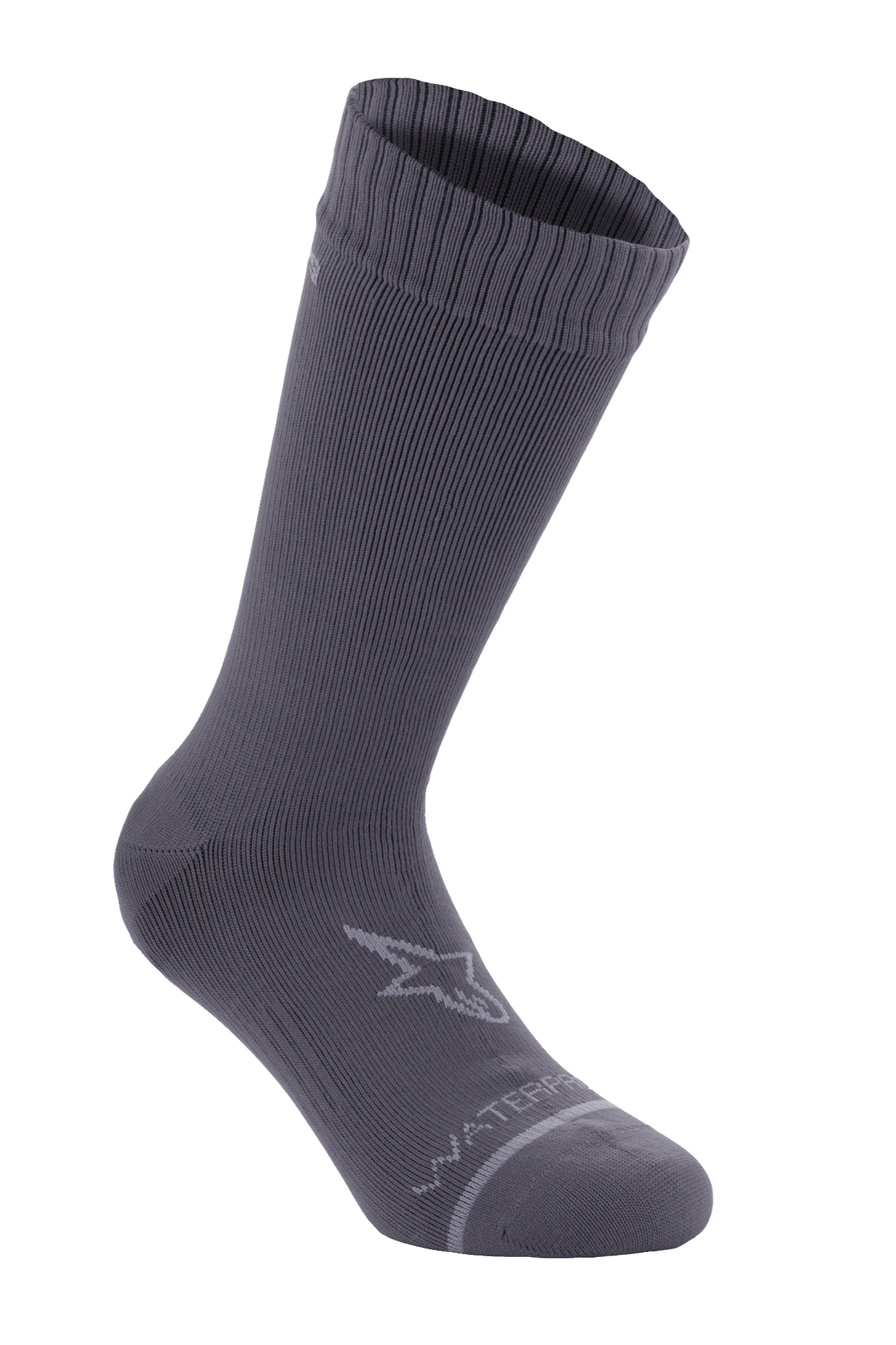 Alpinestars A-Dura Waterproof Socks, Dark Titanium Gray, mid-calf cycling socks with ribbed texture, featuring a light gray Alpinestars star logo on the ankle and "WATERPROOF" text near the toe, performance gear for mountain biking and off-road riding