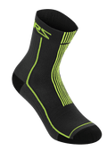 Alpinestars Summer Socks 15, noir et jaune acide, chaussettes de cyclisme légères à côtes, avec logo ASTARS jaune fluo et rayures verticales sur le talon, construction en maille respirante pour la pratique du VTT par temps chaud