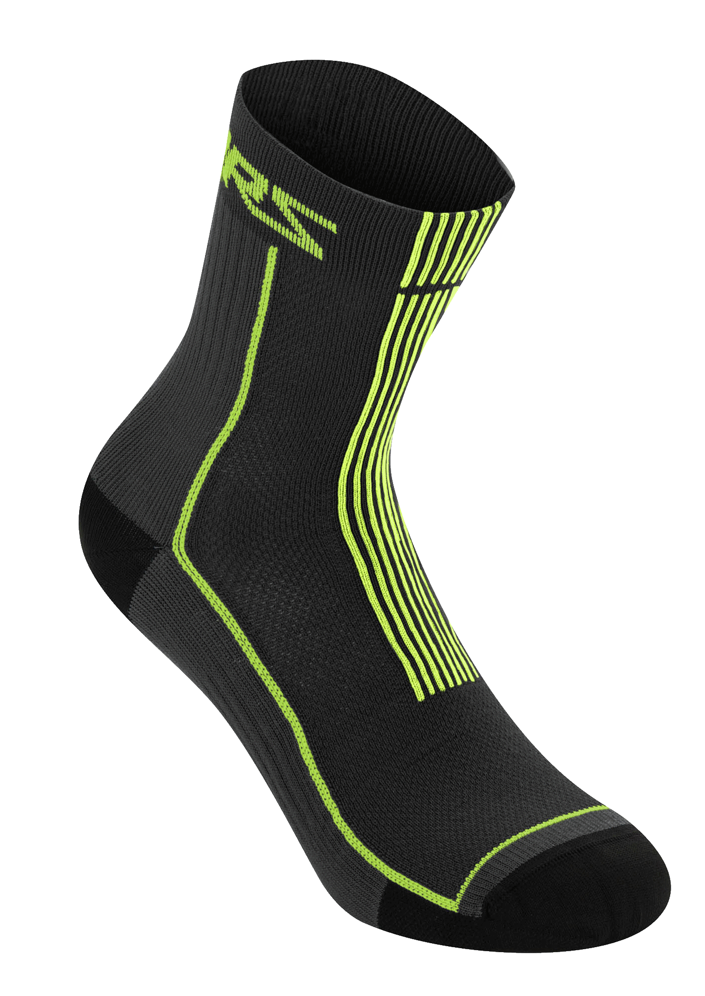 Alpinestars Summer Socks 15, noir et jaune acide, chaussettes de cyclisme légères à côtes, avec logo ASTARS jaune fluo et rayures verticales sur le talon, construction en maille respirante pour la pratique du VTT par temps chaud