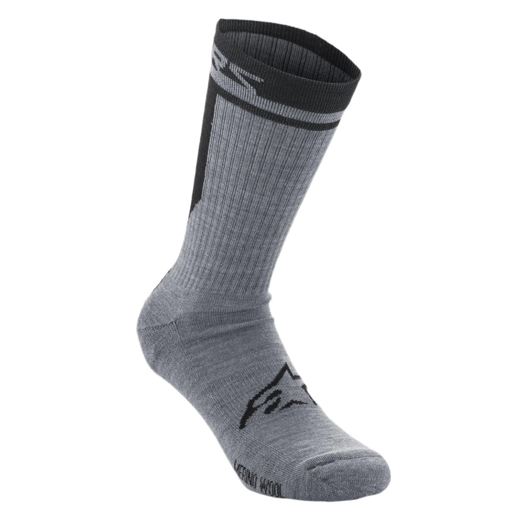 Alpinestars Merino Socks 24, chaussettes de cyclisme, gris et noir, tricot en laine mérinos monocouche, revers côtelé noir avec marquage, logo Astars noir sur le dessus du pied