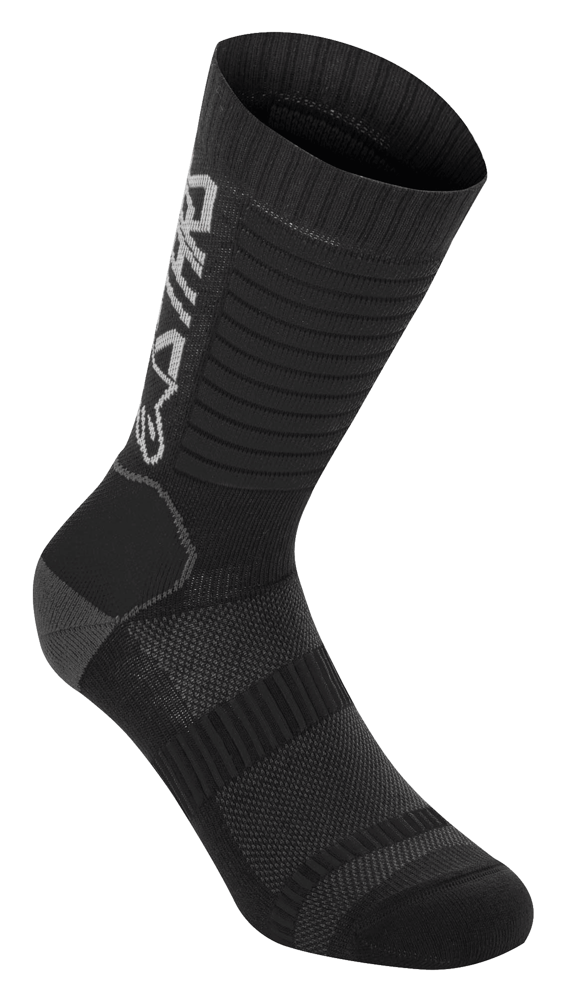 Alpinestars Paragon Lite Socks 19, chaussettes de VTT, noires, construction en maille technique, marquage Alpinestars vertical, texture côtelée extensible, talon et pointe renforcés, tissu léger et respirant pour le cyclisme tout-terrain