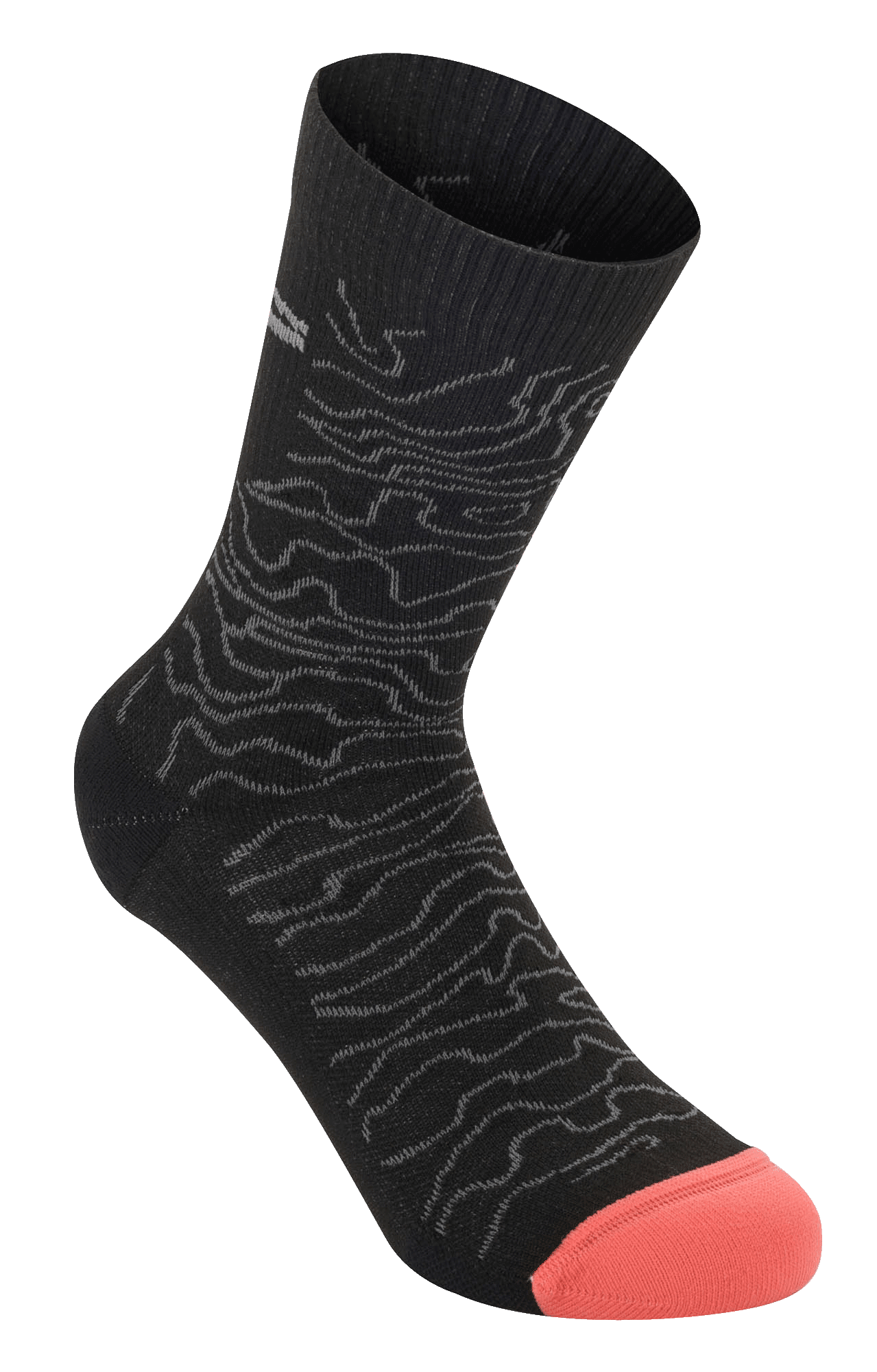Alpinestars Drop Socks 15, chaussettes de cyclisme de performance, noir et gris moyen avec pointe orange corail, motif topographique ondulé et bord-côte, conception en maille légère pour le VTT et le tout-terrain